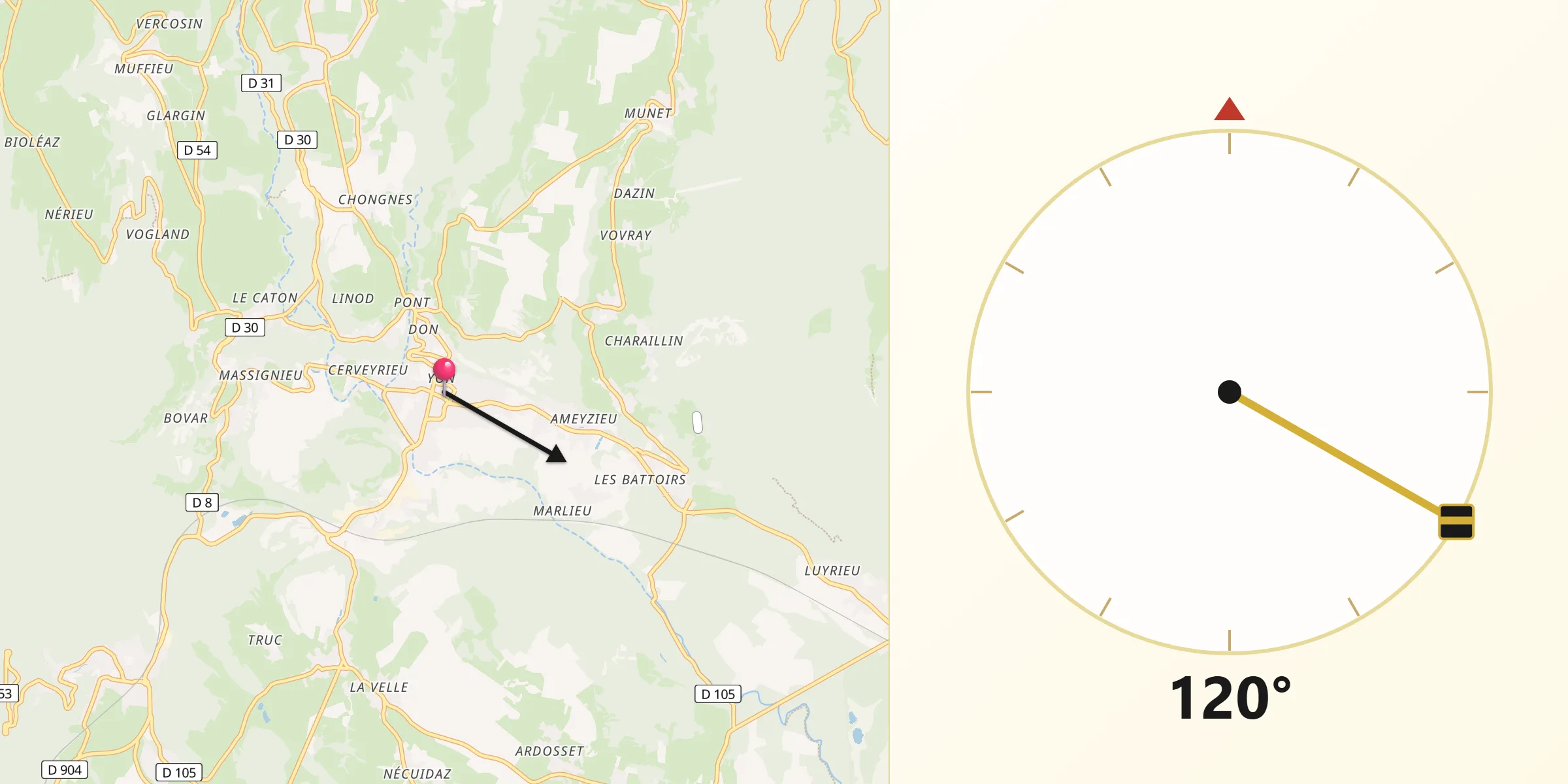 Direction vers la Qibla depuis Artemare