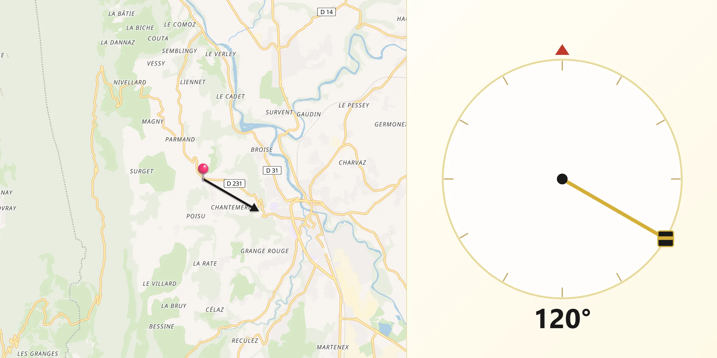 Direction vers la Qibla depuis Moye