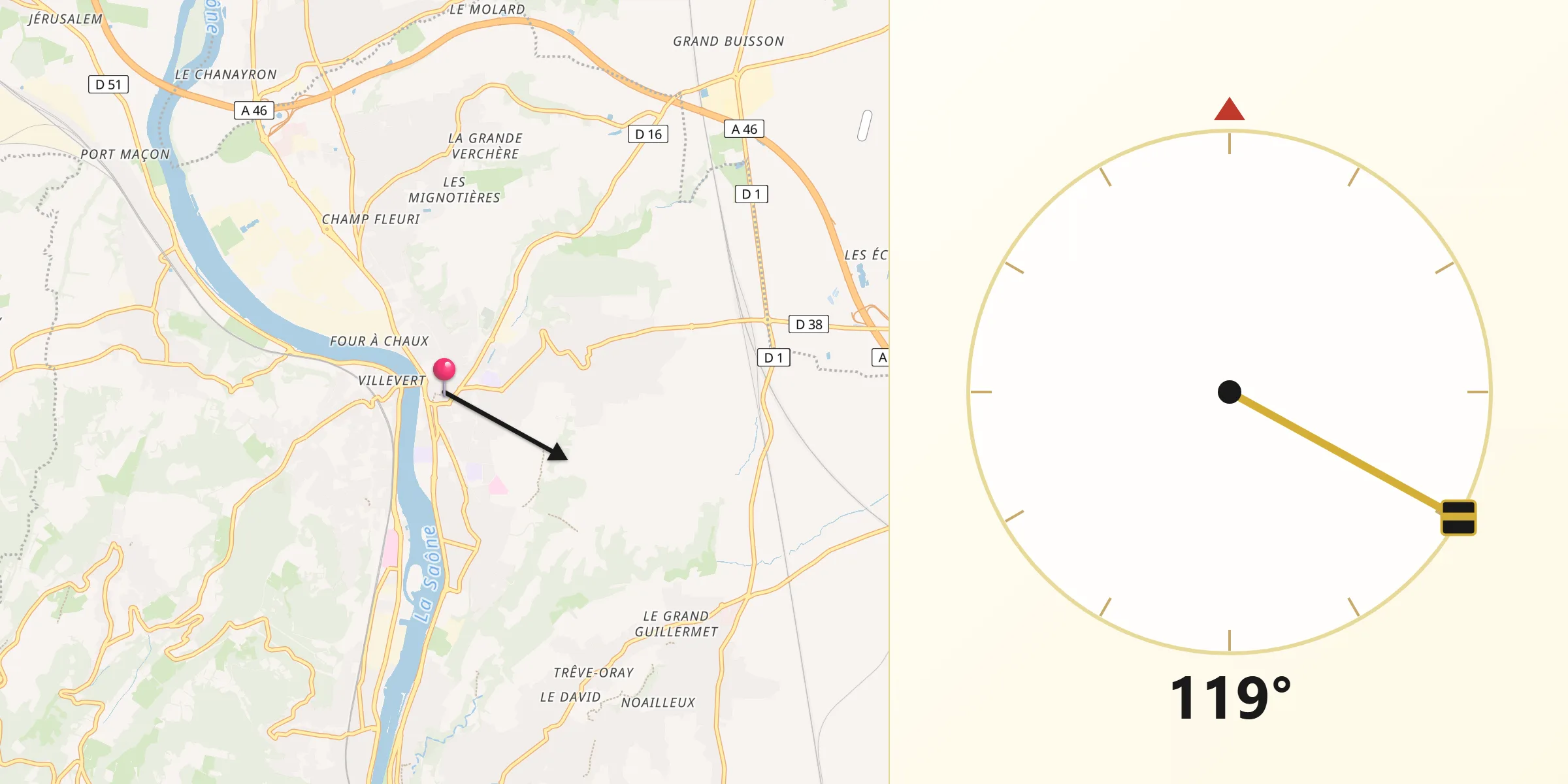 Direction vers la Qibla depuis Neuville-sur-Saône