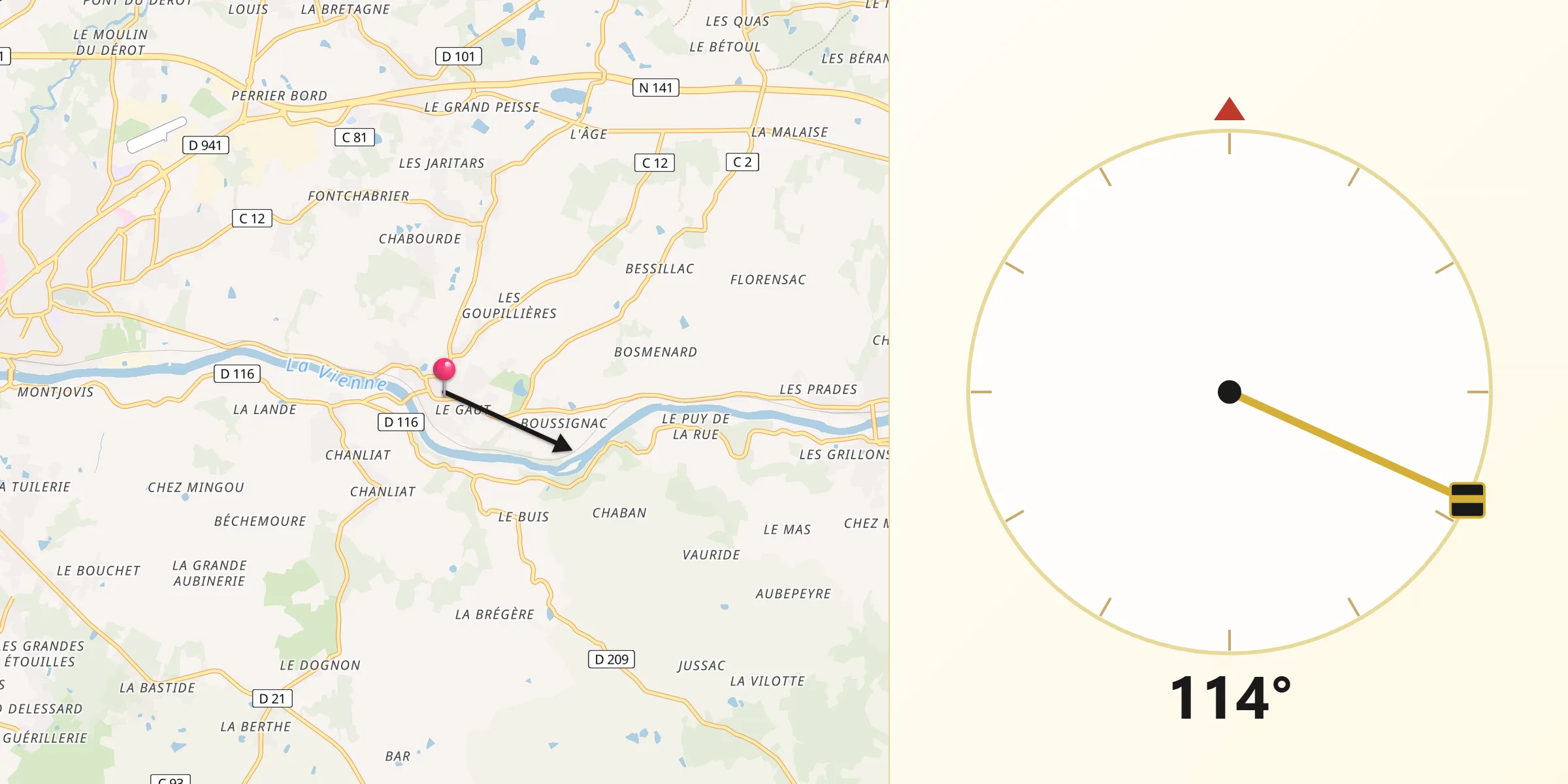 Direction vers la Qibla depuis Saint-Brice-sur-Vienne