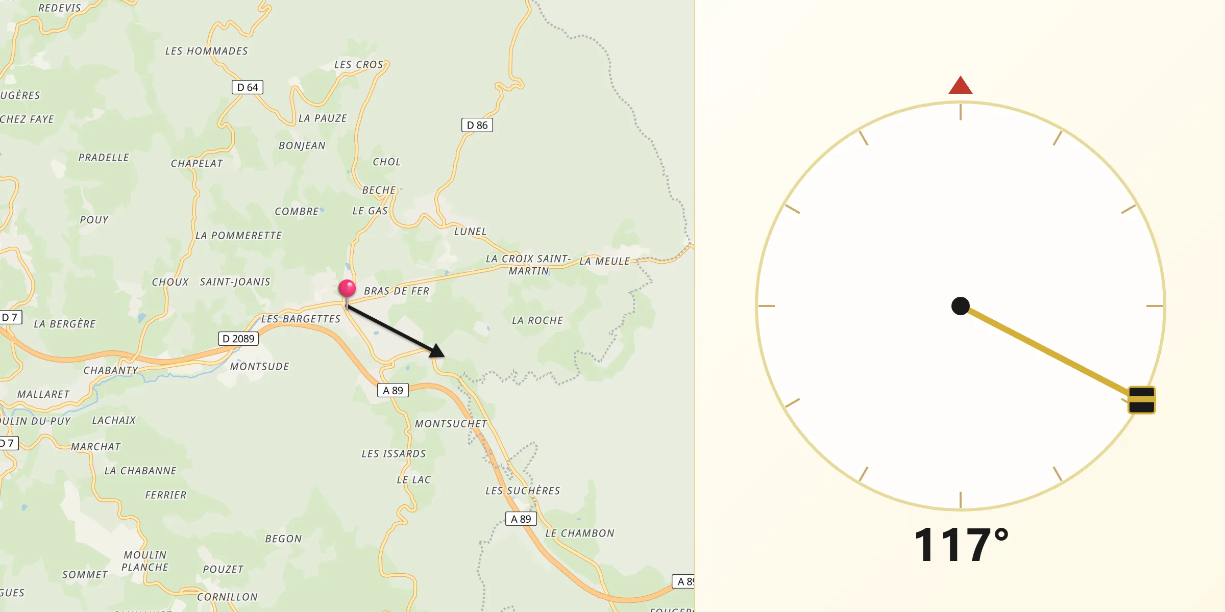 Direction vers la Qibla depuis Chabreloche