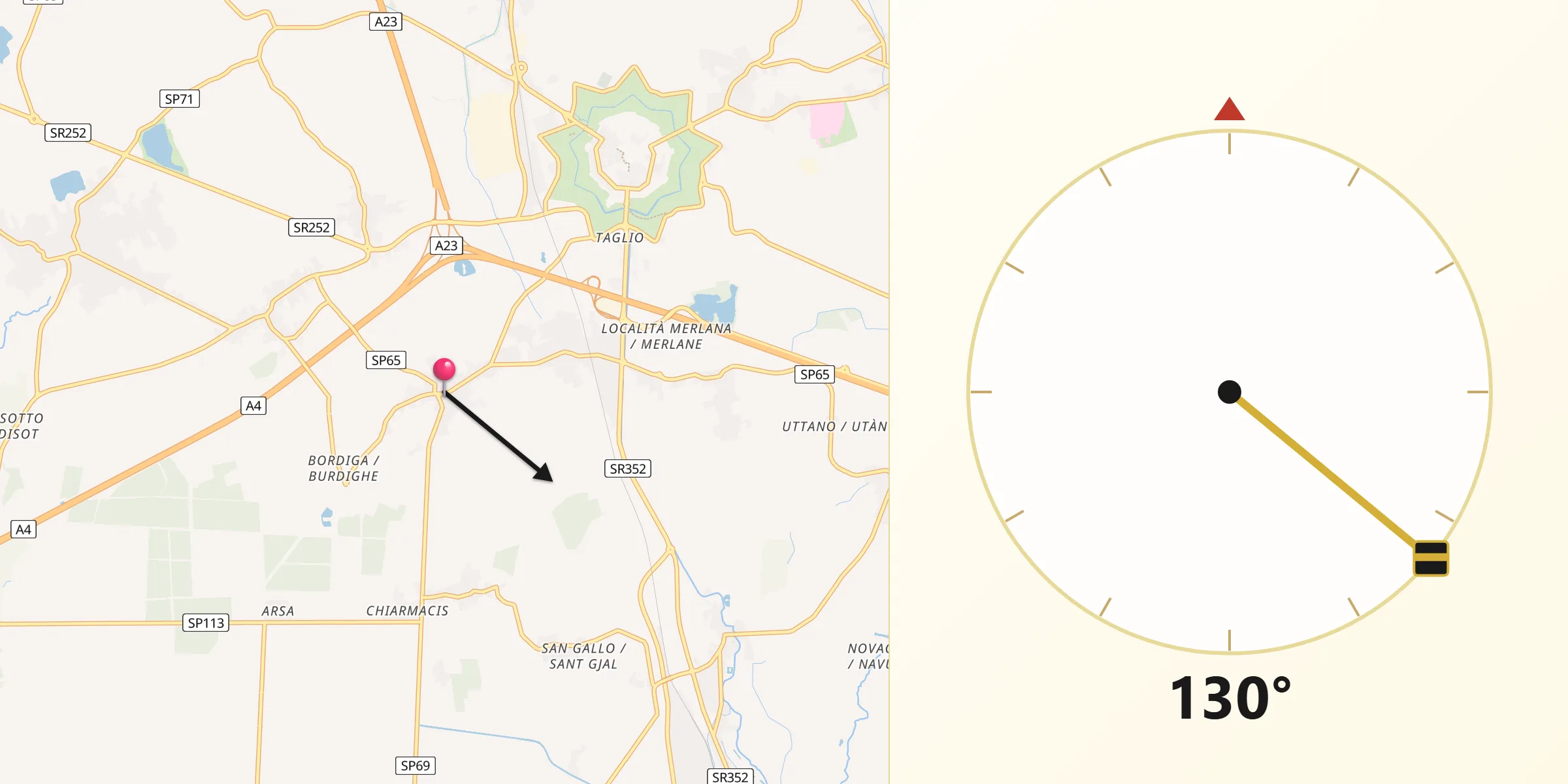 Direzione della Qibla da Bagnaria Arsa