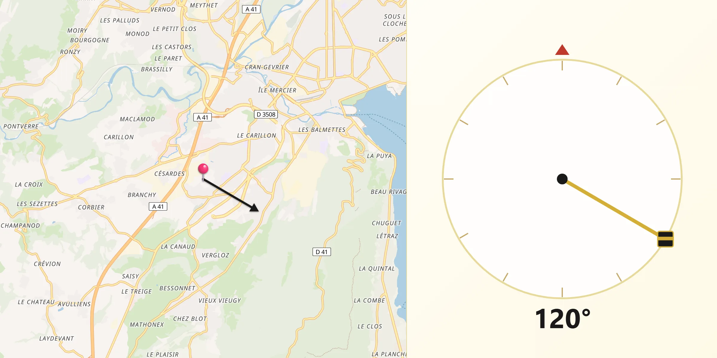 Direction vers la Qibla depuis Seynod