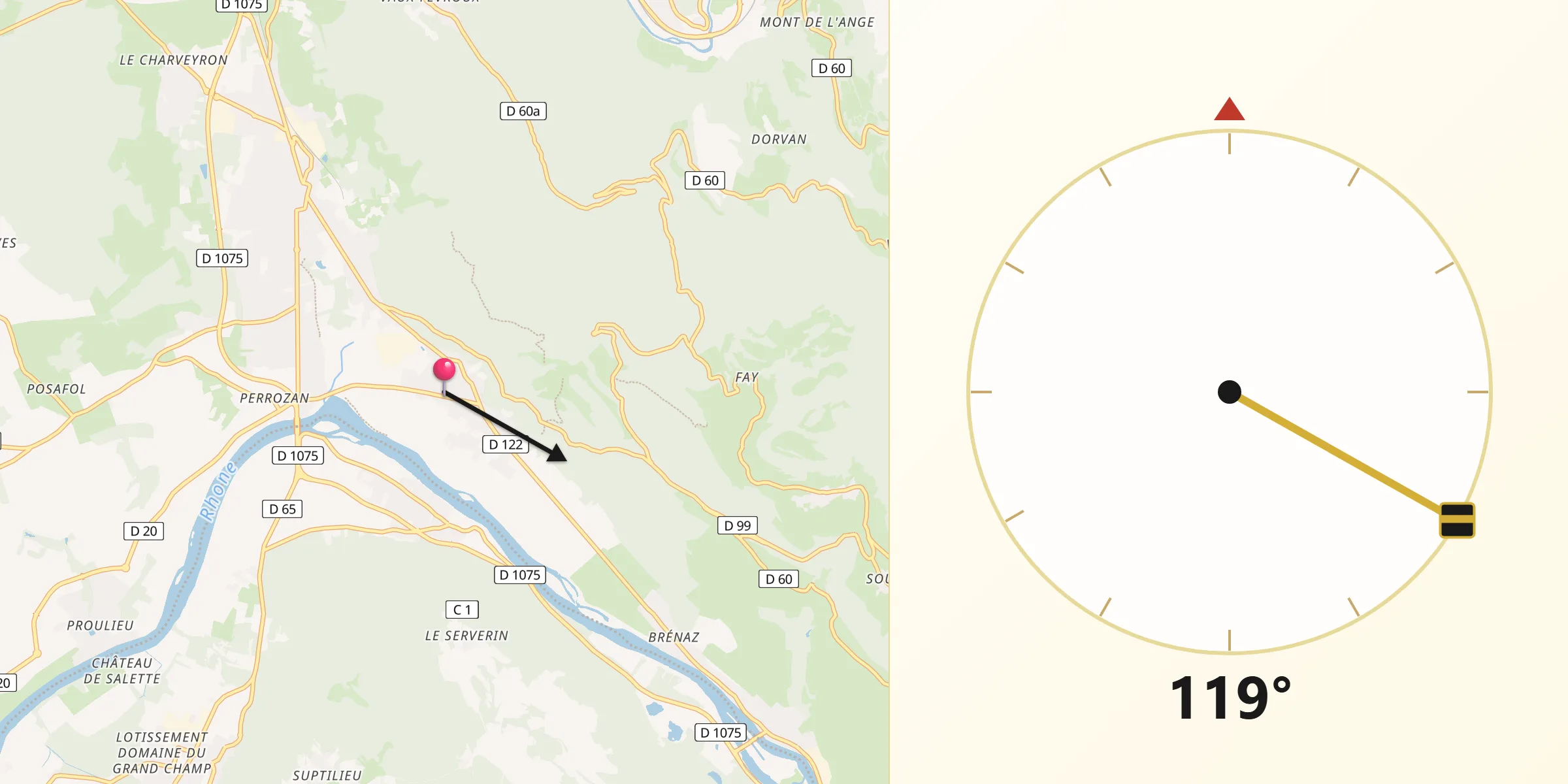 Direction vers la Qibla depuis Saint-Sorlin-en-Bugey