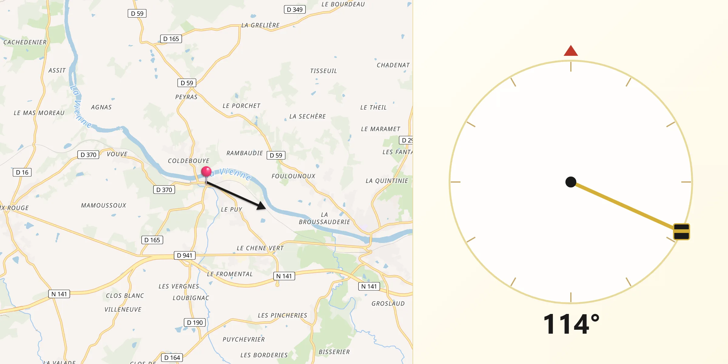 Direction vers la Qibla depuis Exideuil
