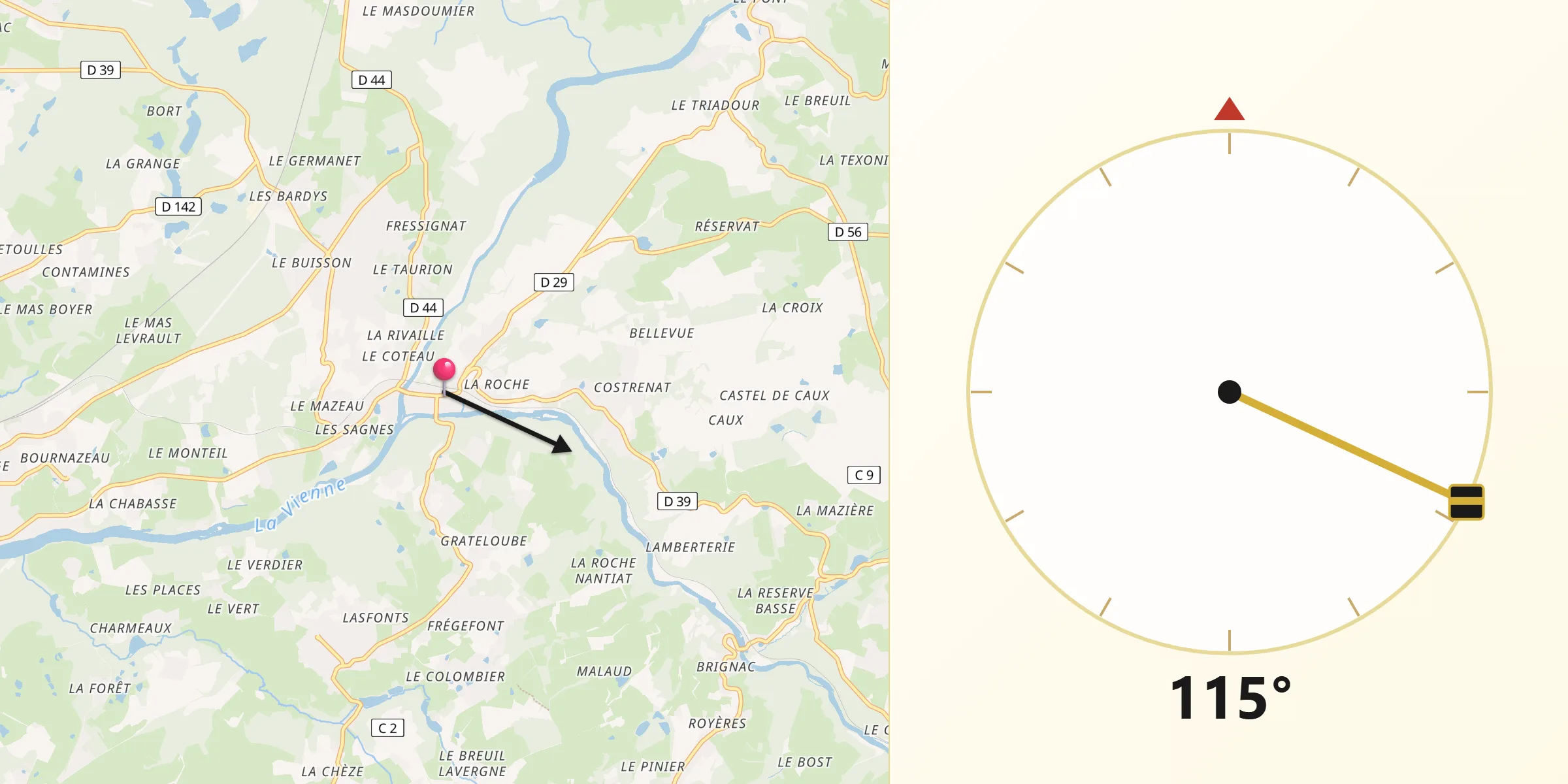 Direction vers la Qibla depuis Saint-Priest-Taurion