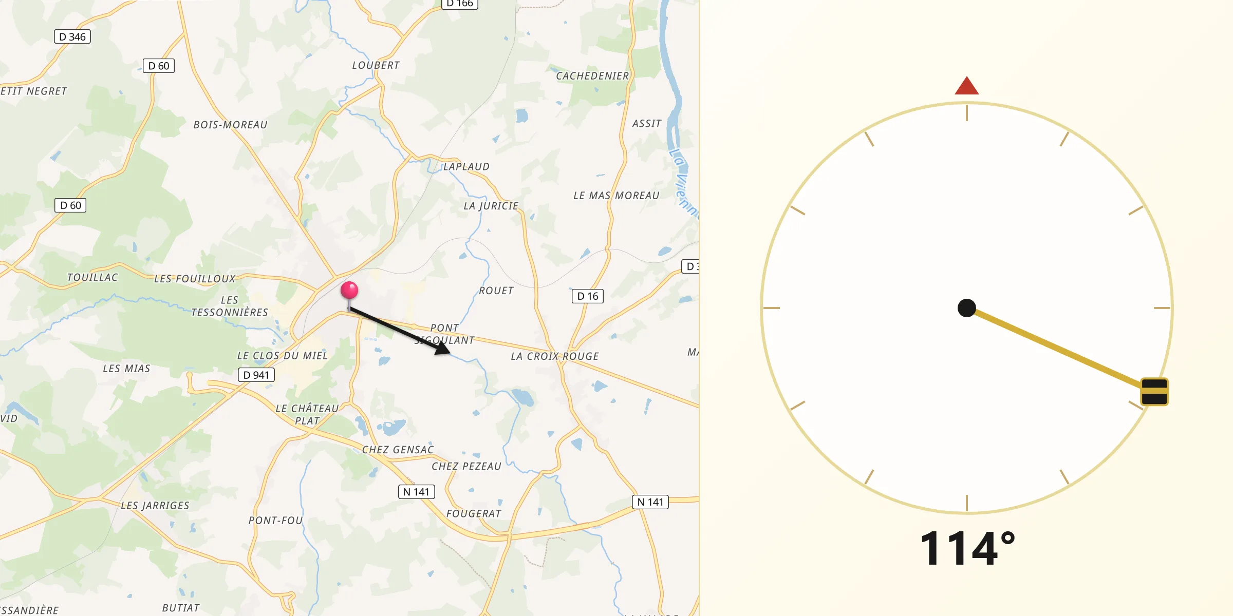 Direction vers la Qibla depuis Roumazières-Loubert