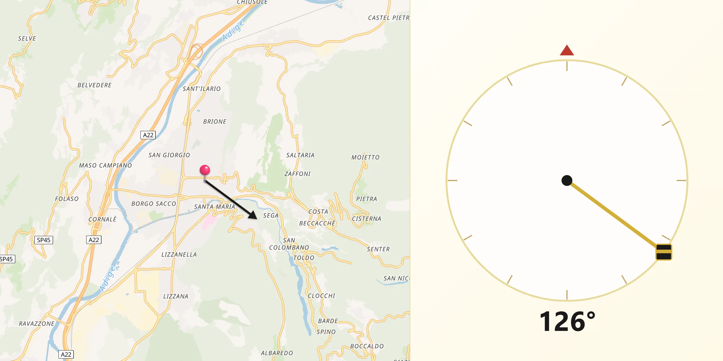 Direzione della Qibla da Rovereto