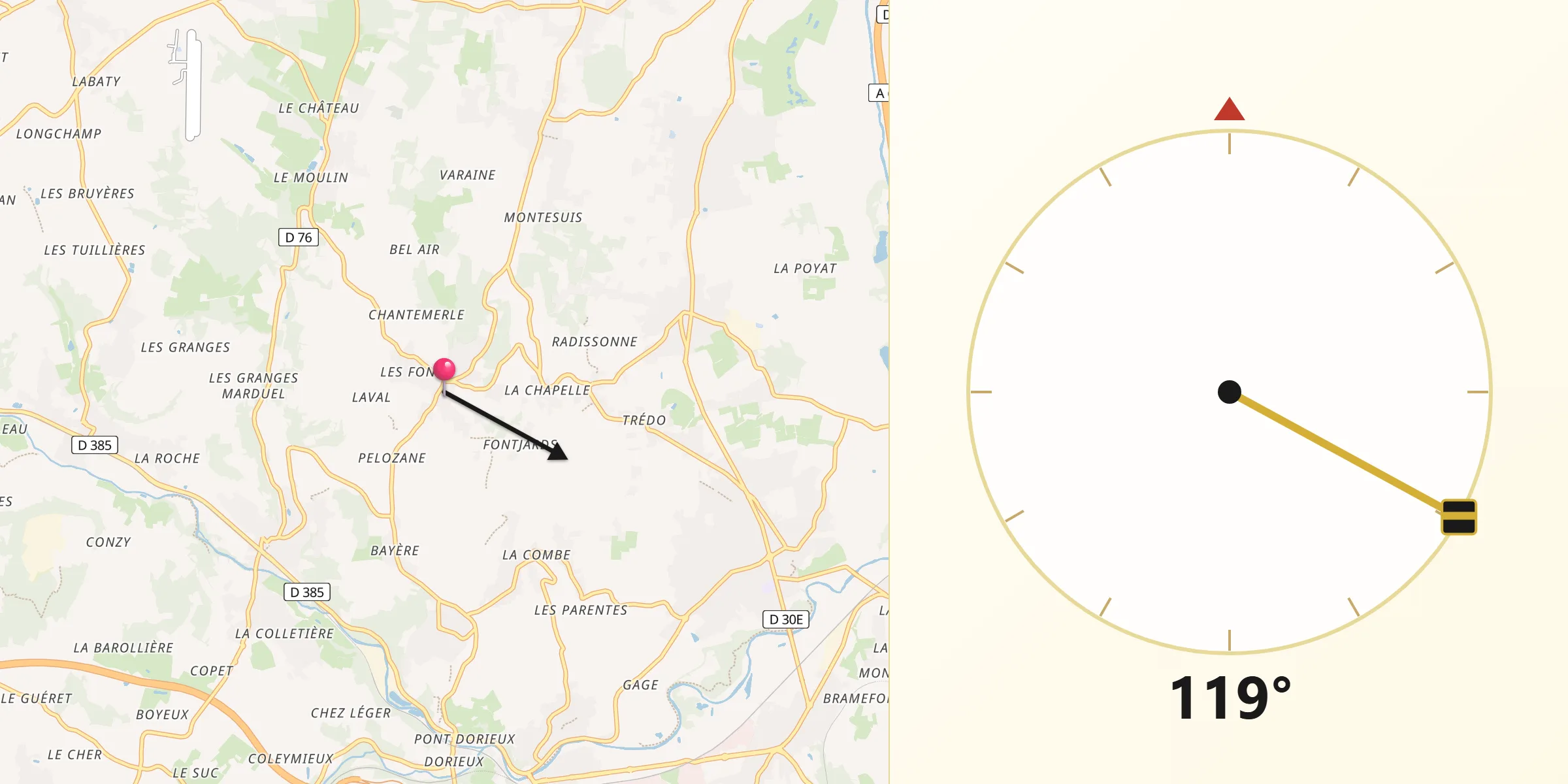 Direction vers la Qibla depuis Charnay