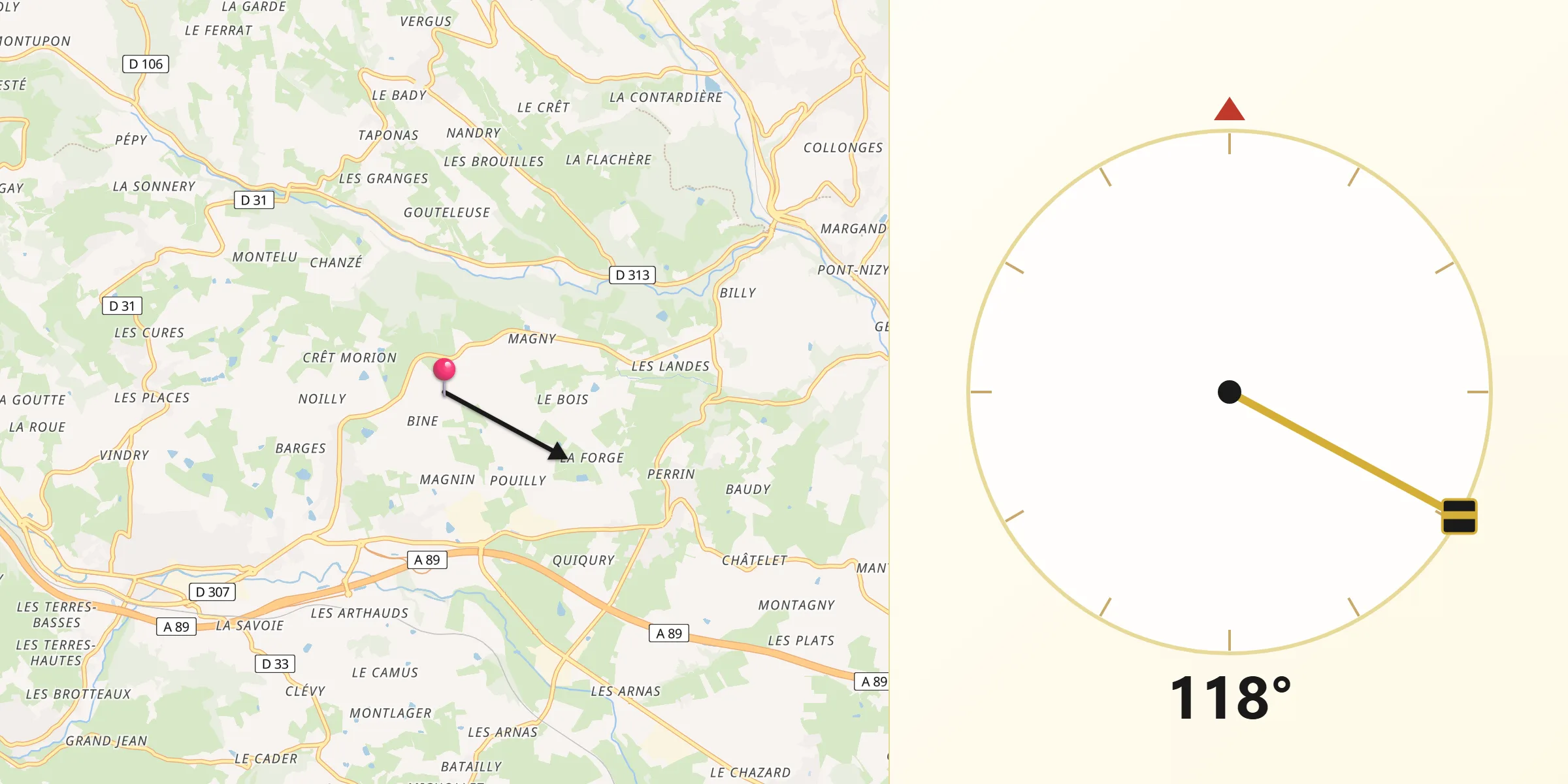 Direction vers la Qibla depuis Département du Rhône
