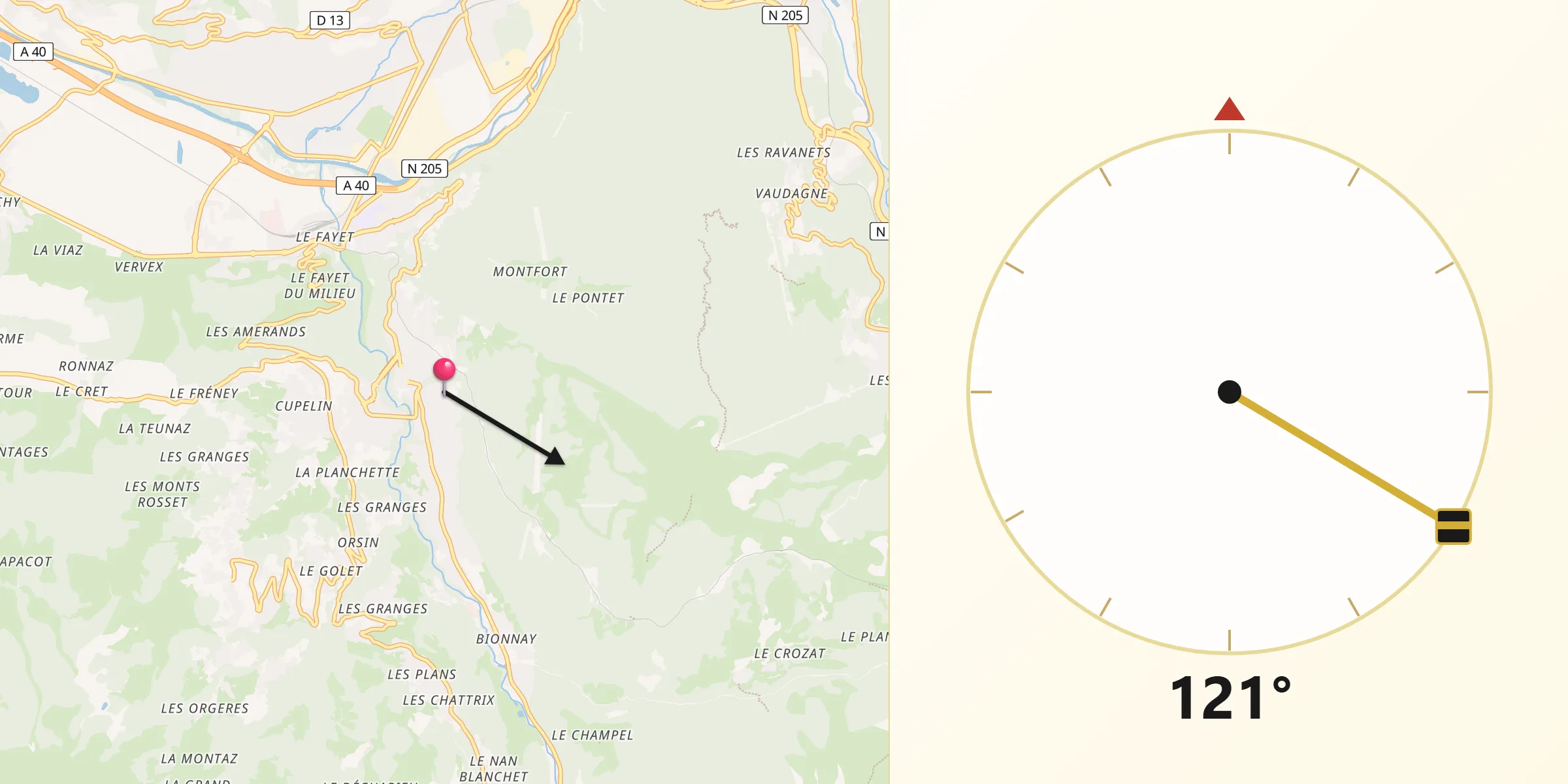 Direction vers la Qibla depuis Saint-Gervais-les-Bains