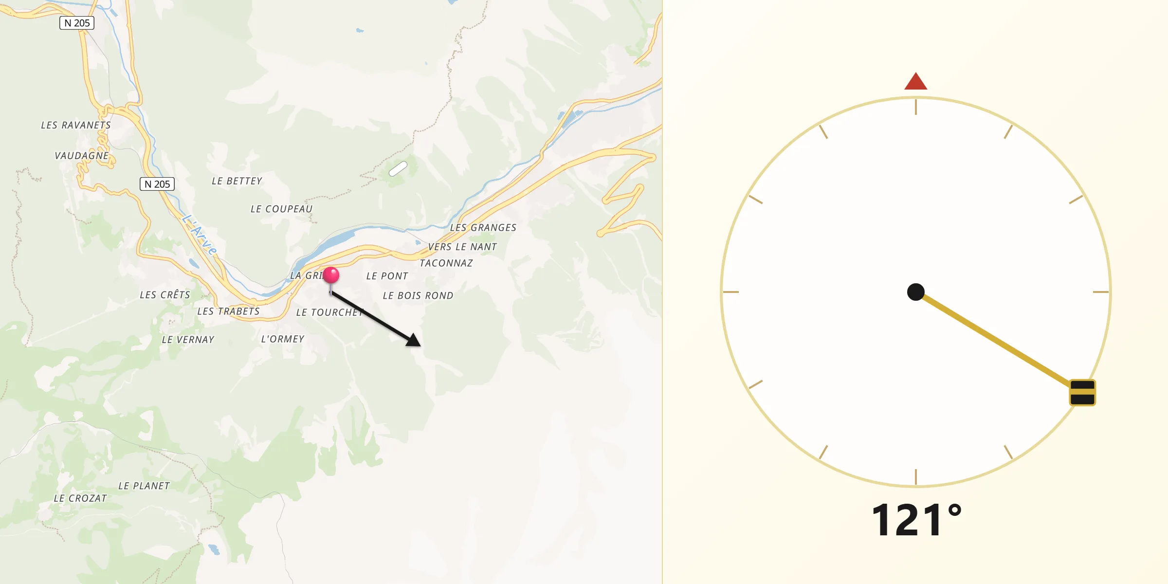 Direction vers la Qibla depuis Les Houches