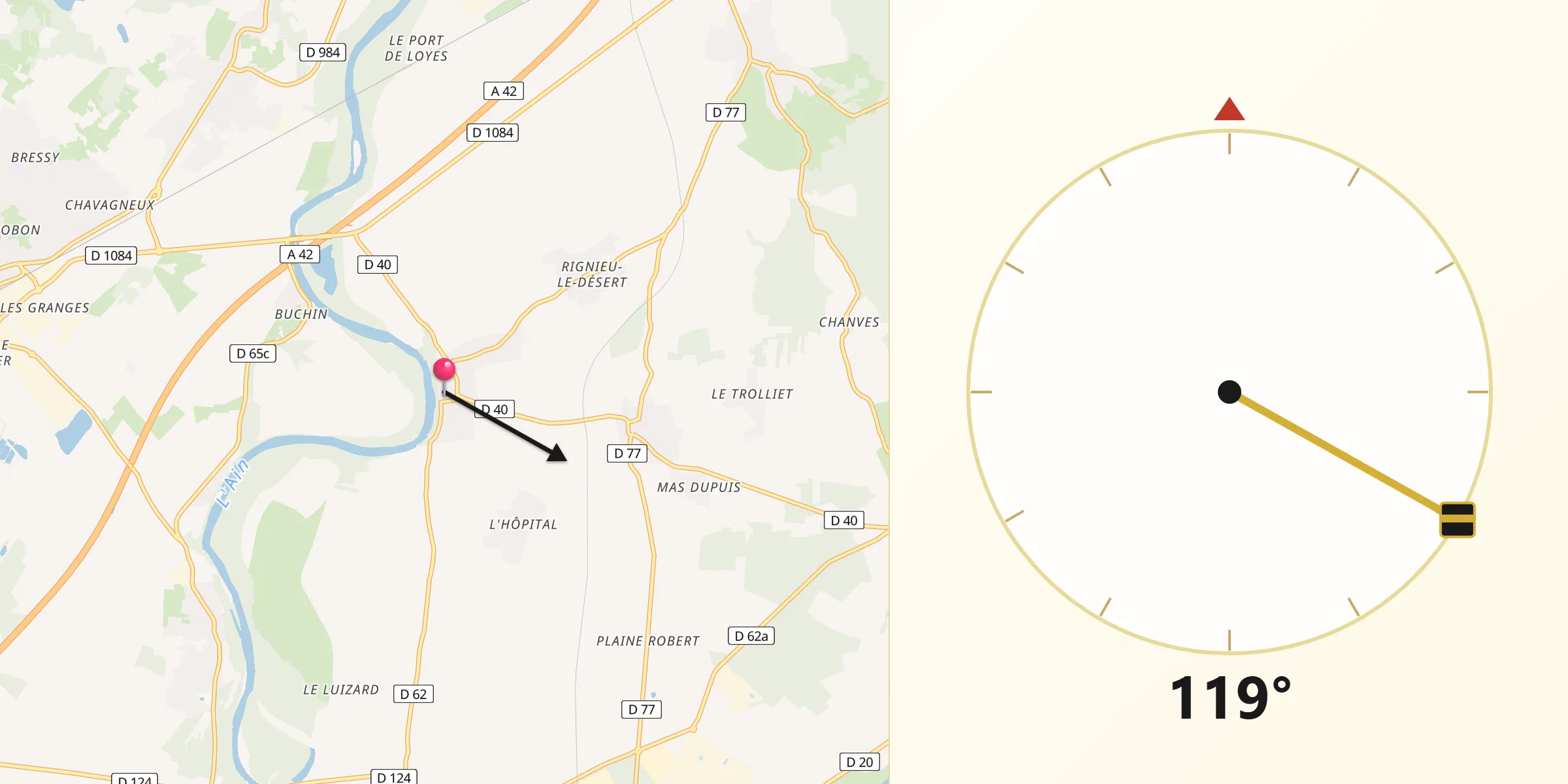 Direction vers la Qibla depuis Chazey-sur-Ain
