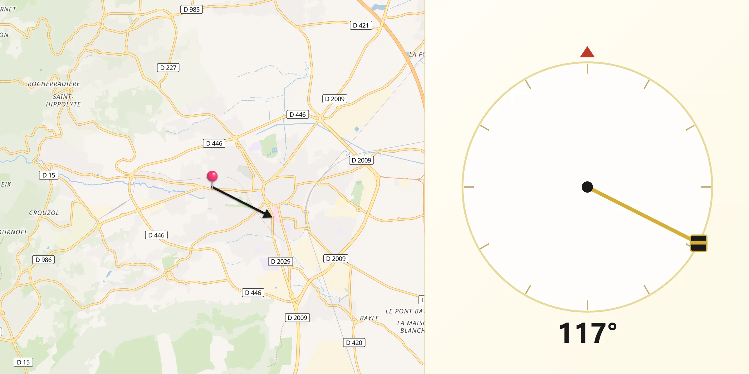 Direction vers la Qibla depuis Mozac