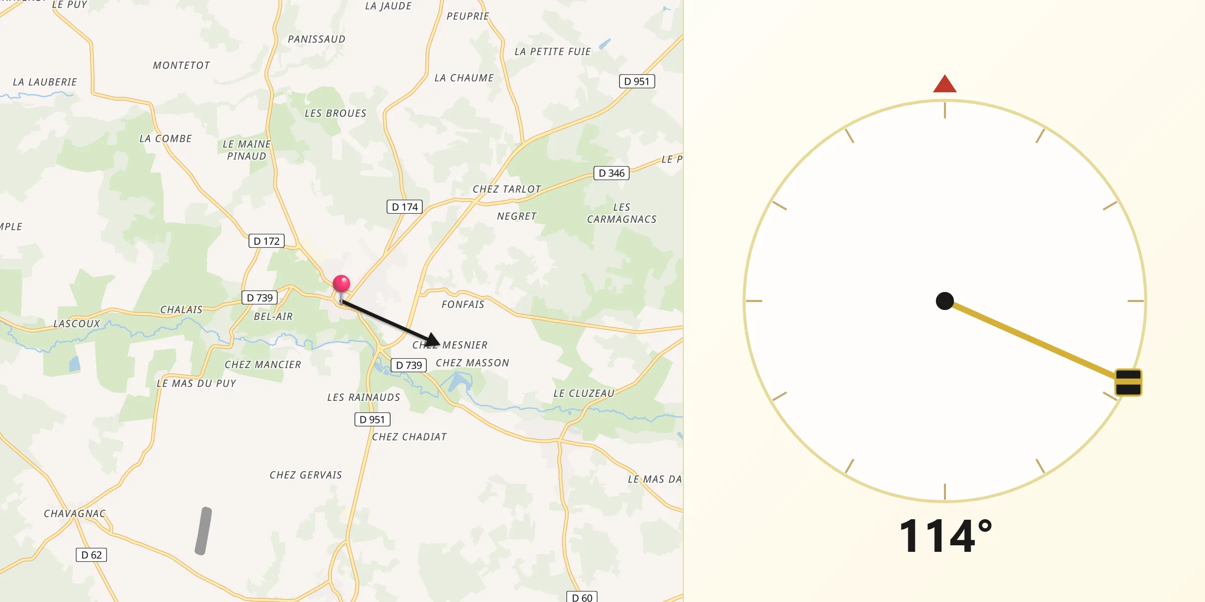 Direction vers la Qibla depuis Saint-Claud