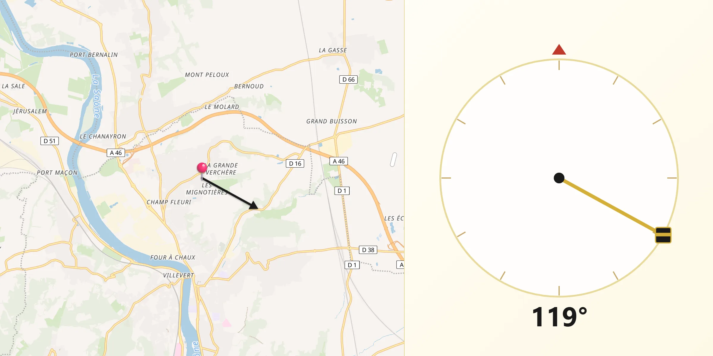 Direction vers la Qibla depuis Genay