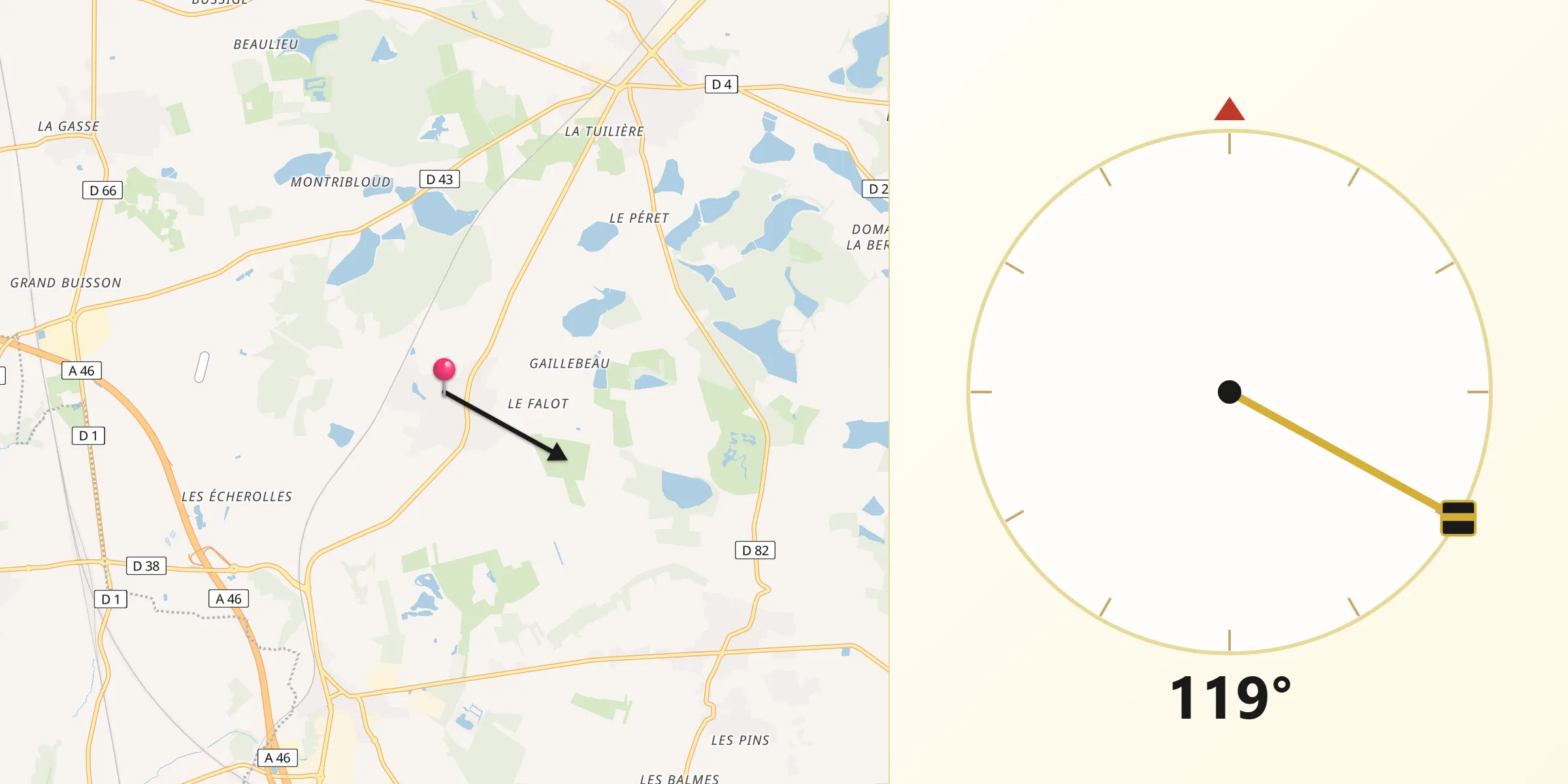 Direction vers la Qibla depuis Mionnay