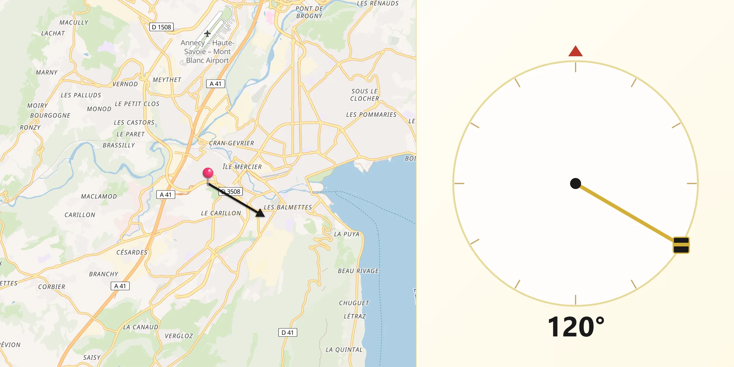 Direction vers la Qibla depuis Cran-Gevrier