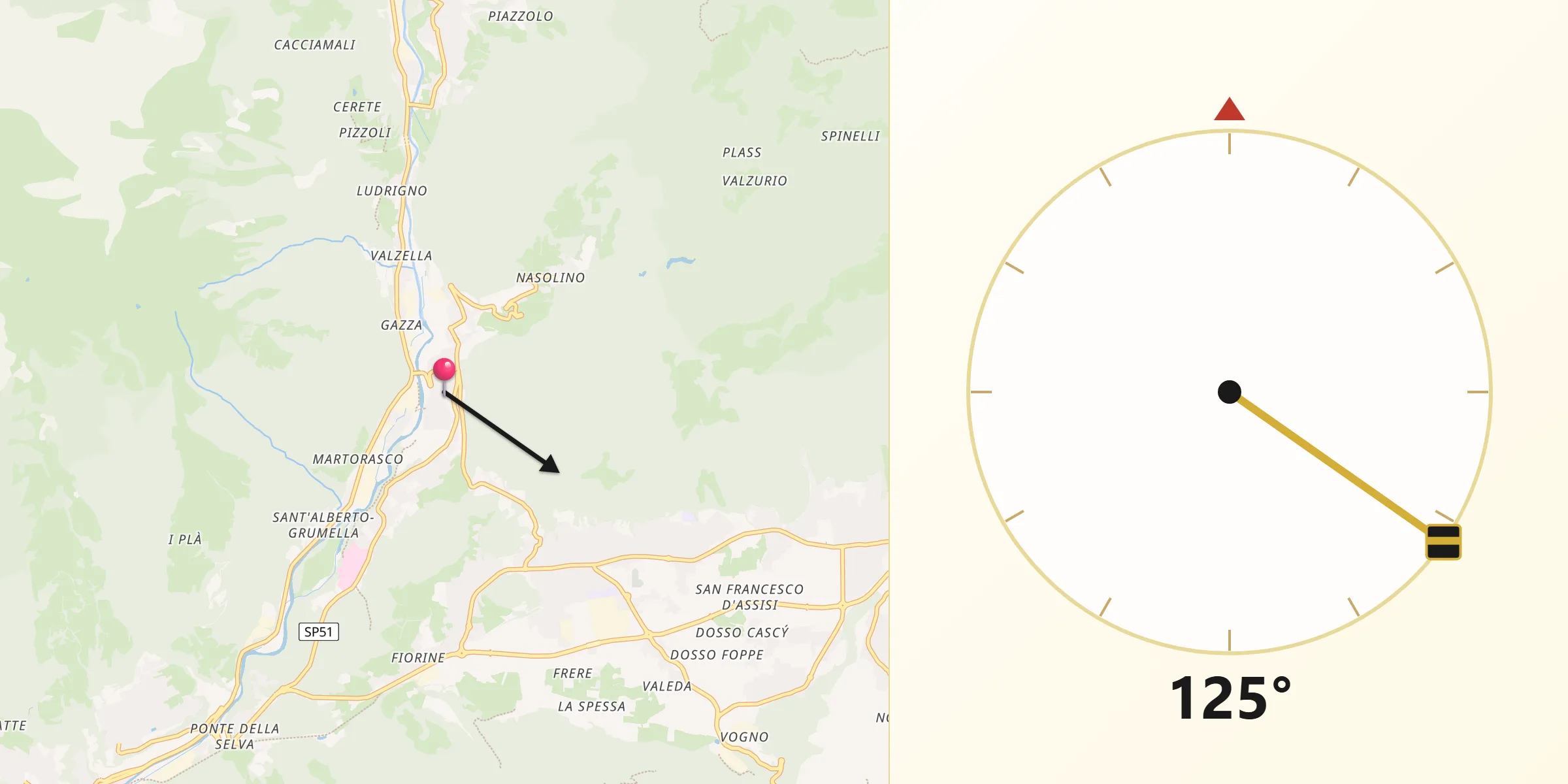 Direzione della Qibla da Villa d'Ogna