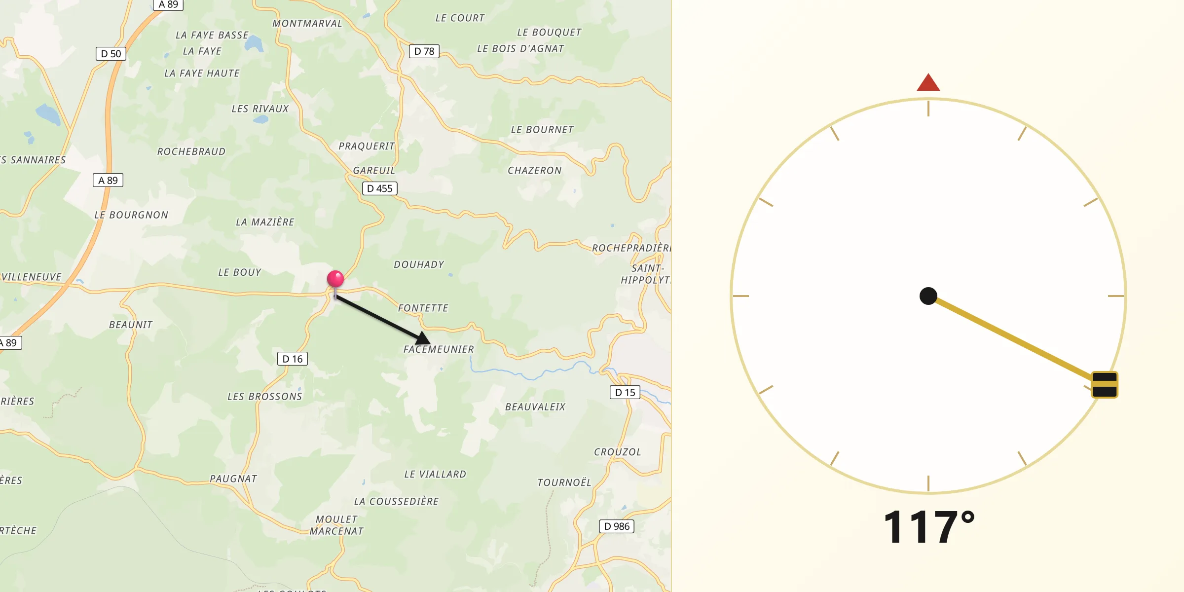 Direction vers la Qibla depuis Charbonnières-les-Varennes