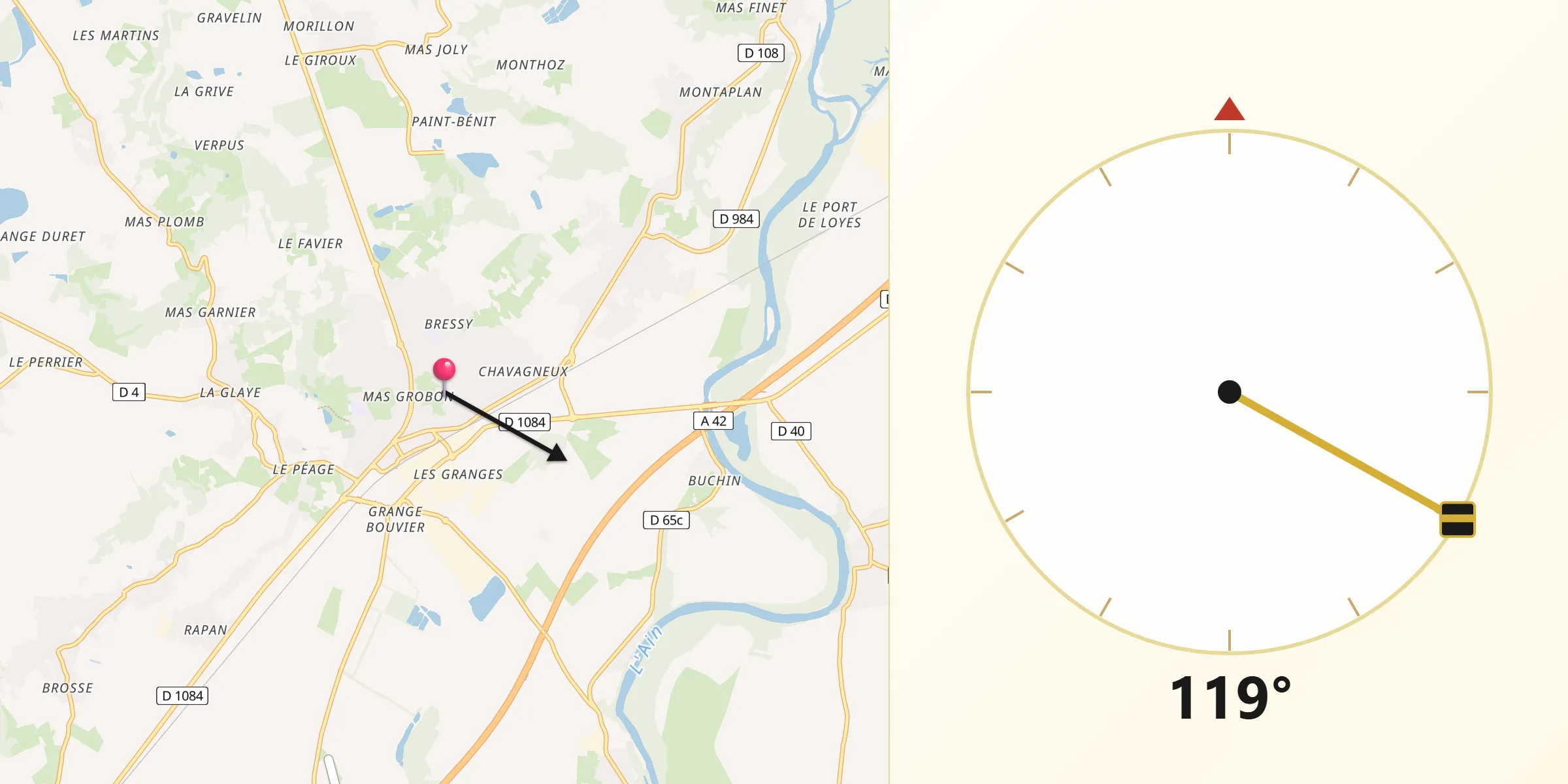 Direction vers la Qibla depuis Meximieux