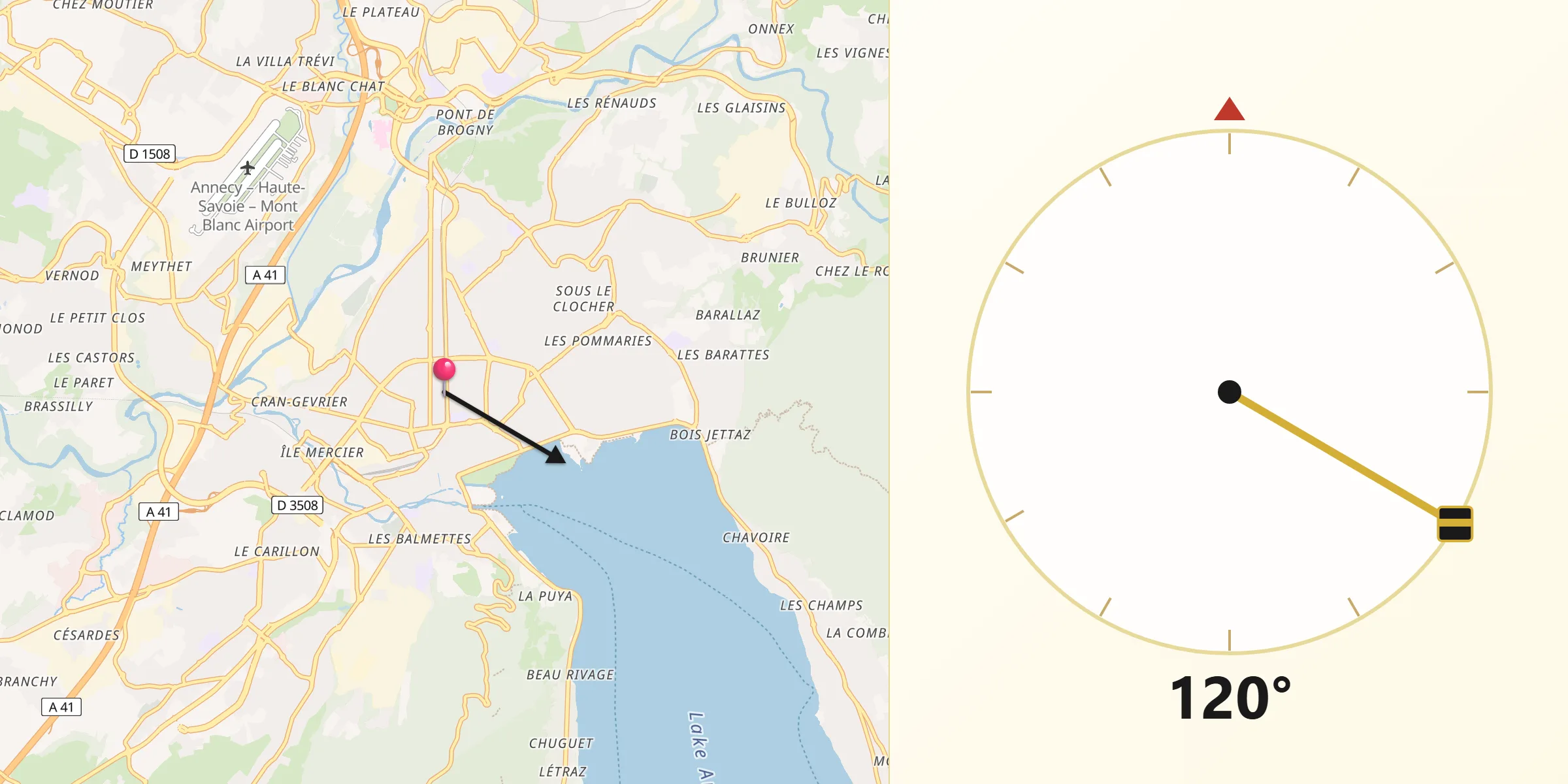 Direction vers la Qibla depuis Annecy