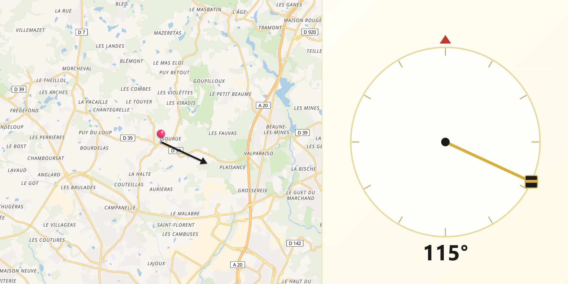 Direction vers la Qibla depuis Chaptelat