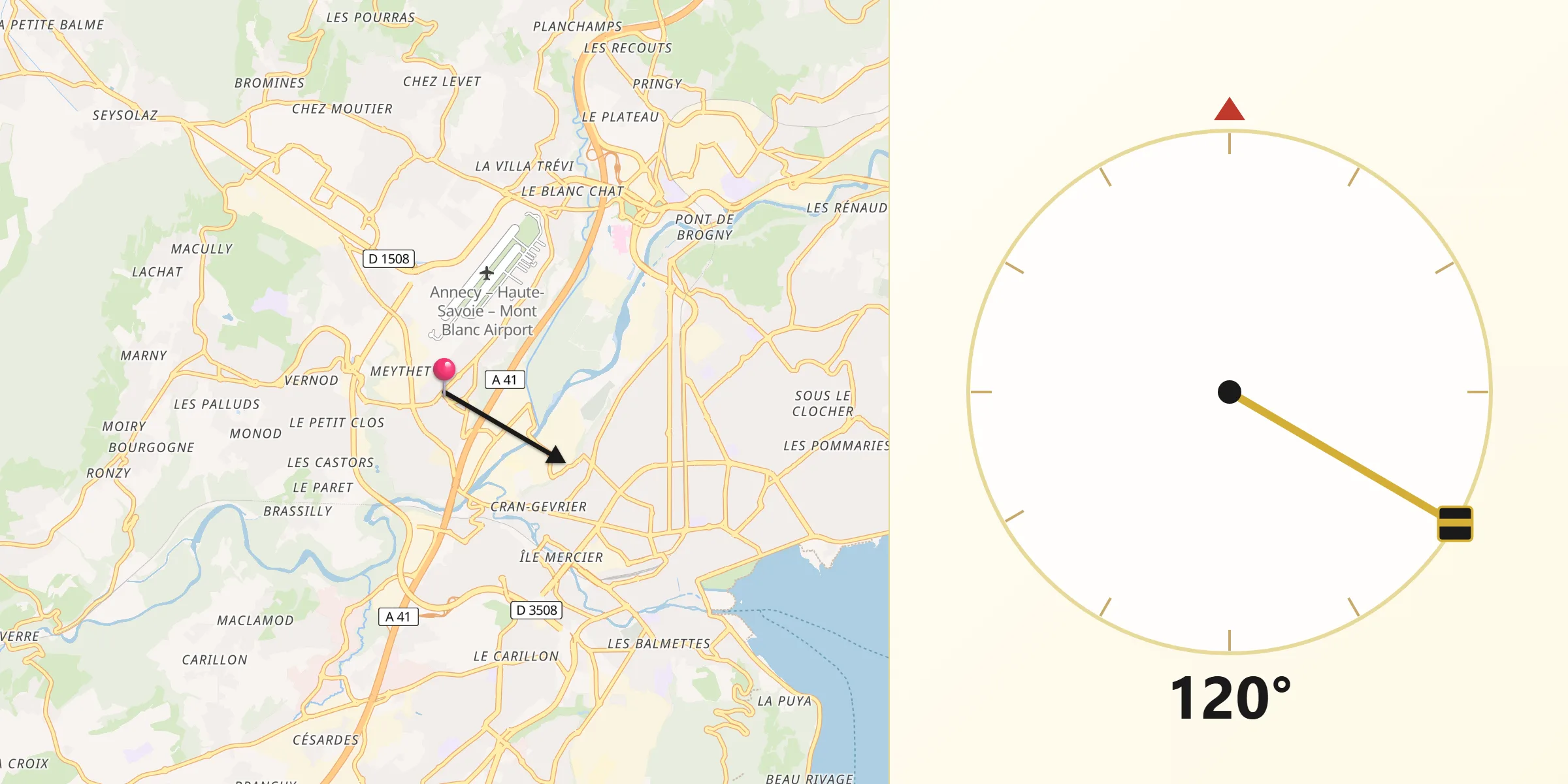 Direction vers la Qibla depuis Meythet