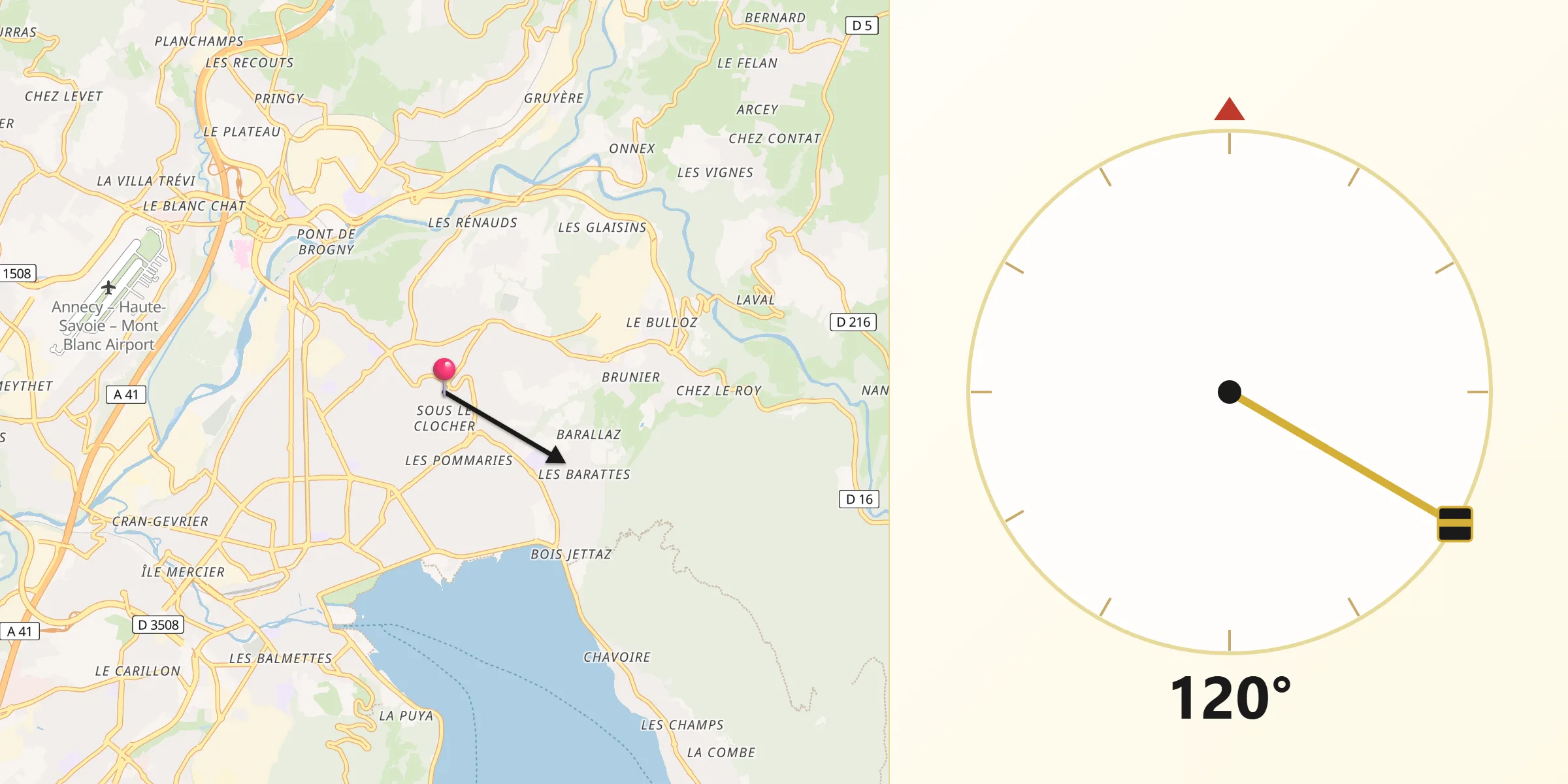 Direction vers la Qibla depuis Annecy-le-Vieux