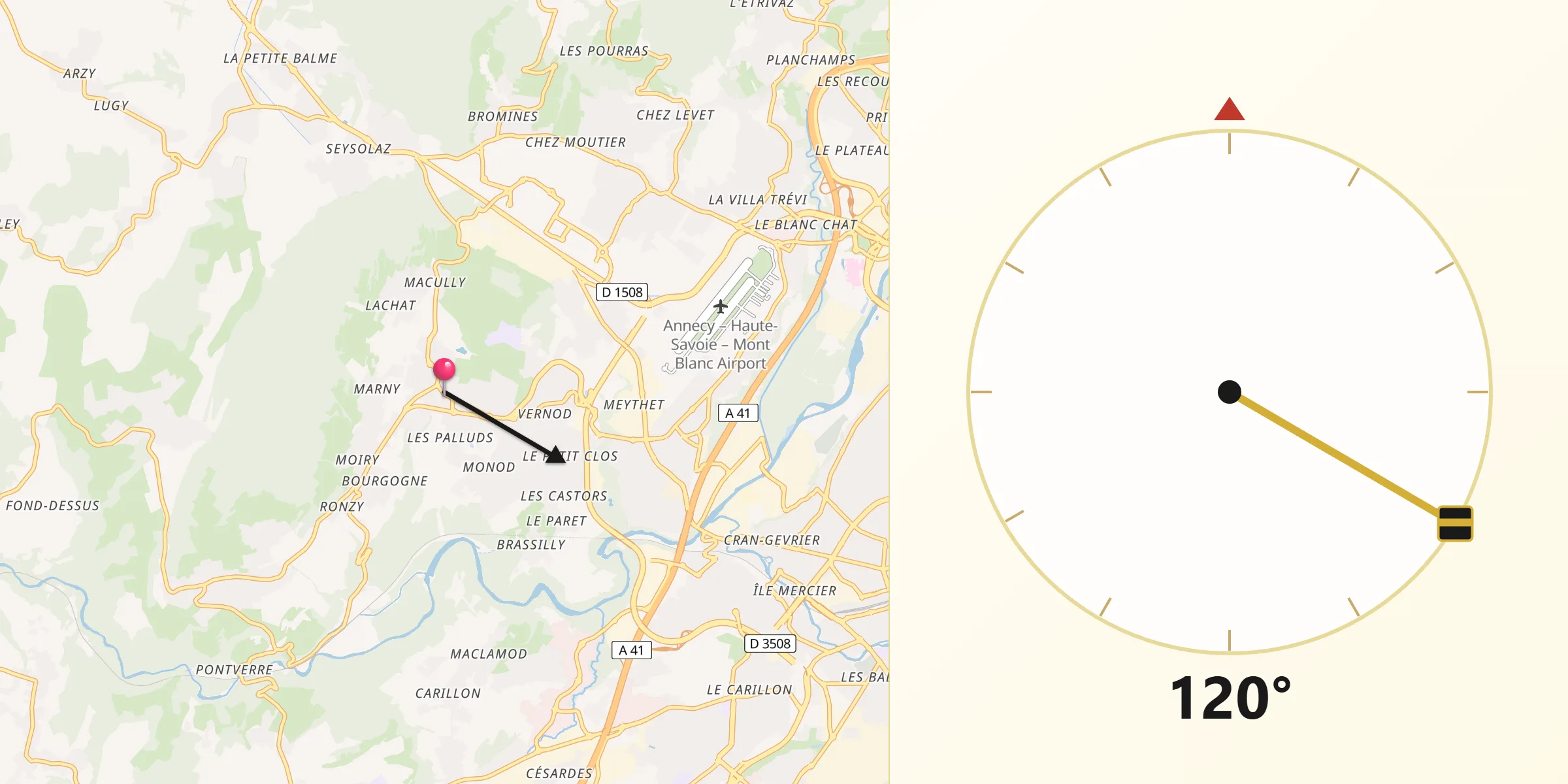 Direction vers la Qibla depuis Poisy
