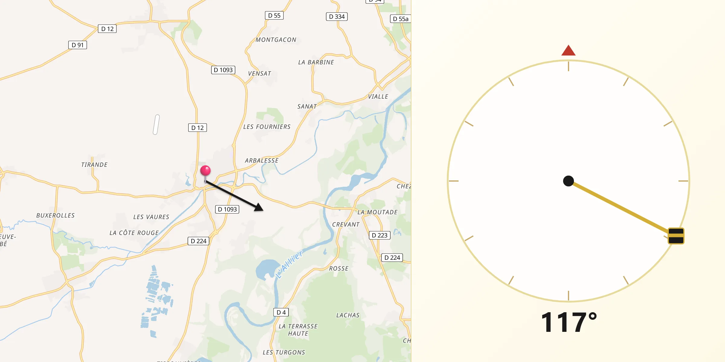 Direction vers la Qibla depuis Maringues