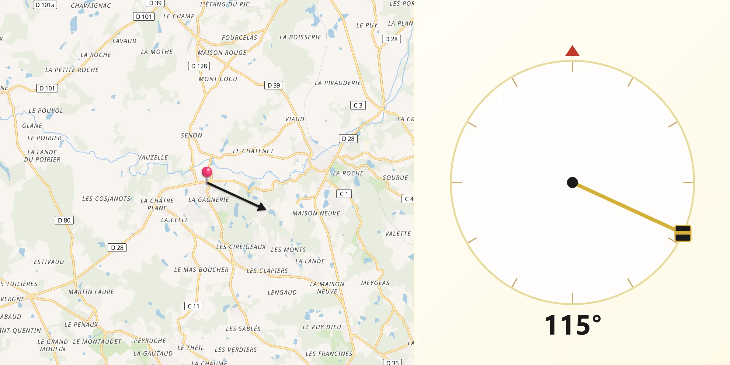 Direction vers la Qibla depuis Saint-Gence
