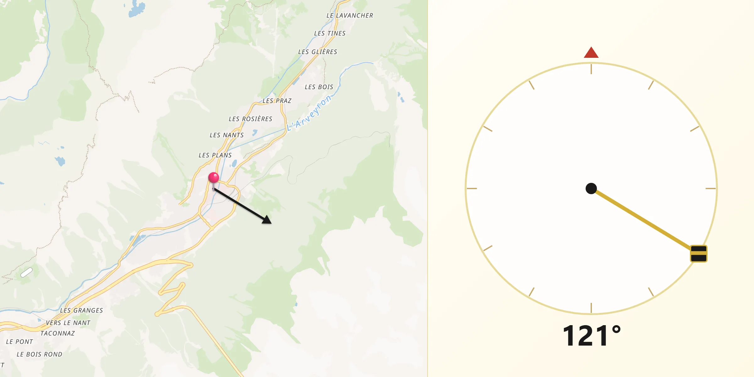 Direction vers la Qibla depuis Chamonix-Mont-Blanc