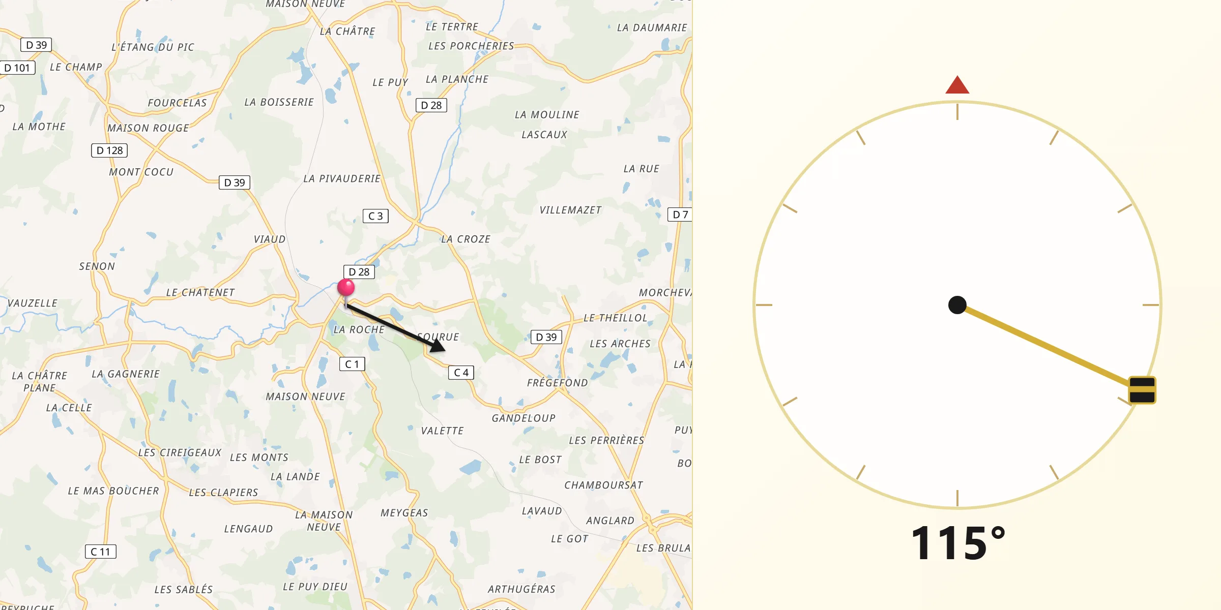 Direction vers la Qibla depuis Nieul