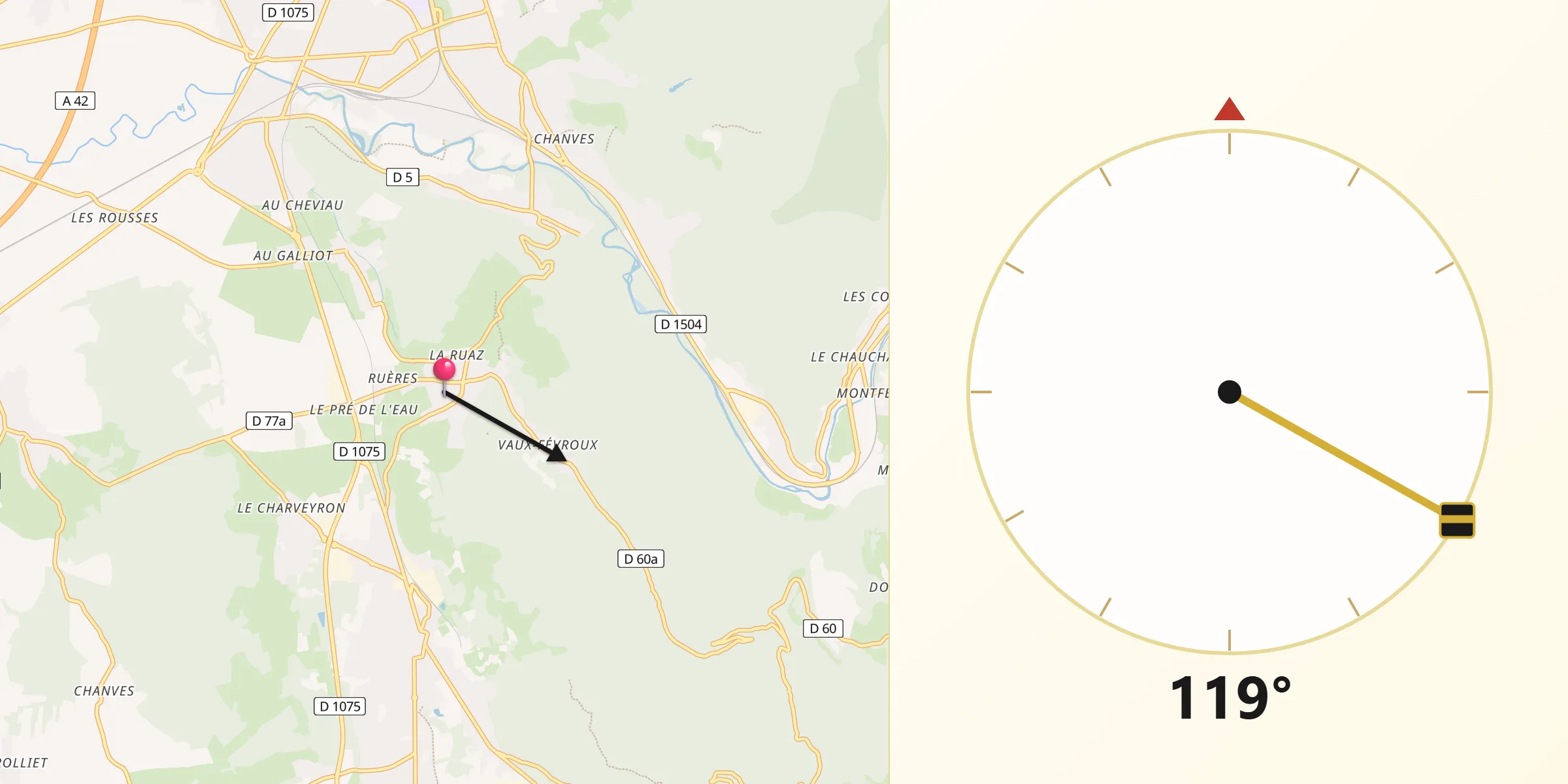 Direction vers la Qibla depuis Vaux-en-Bugey