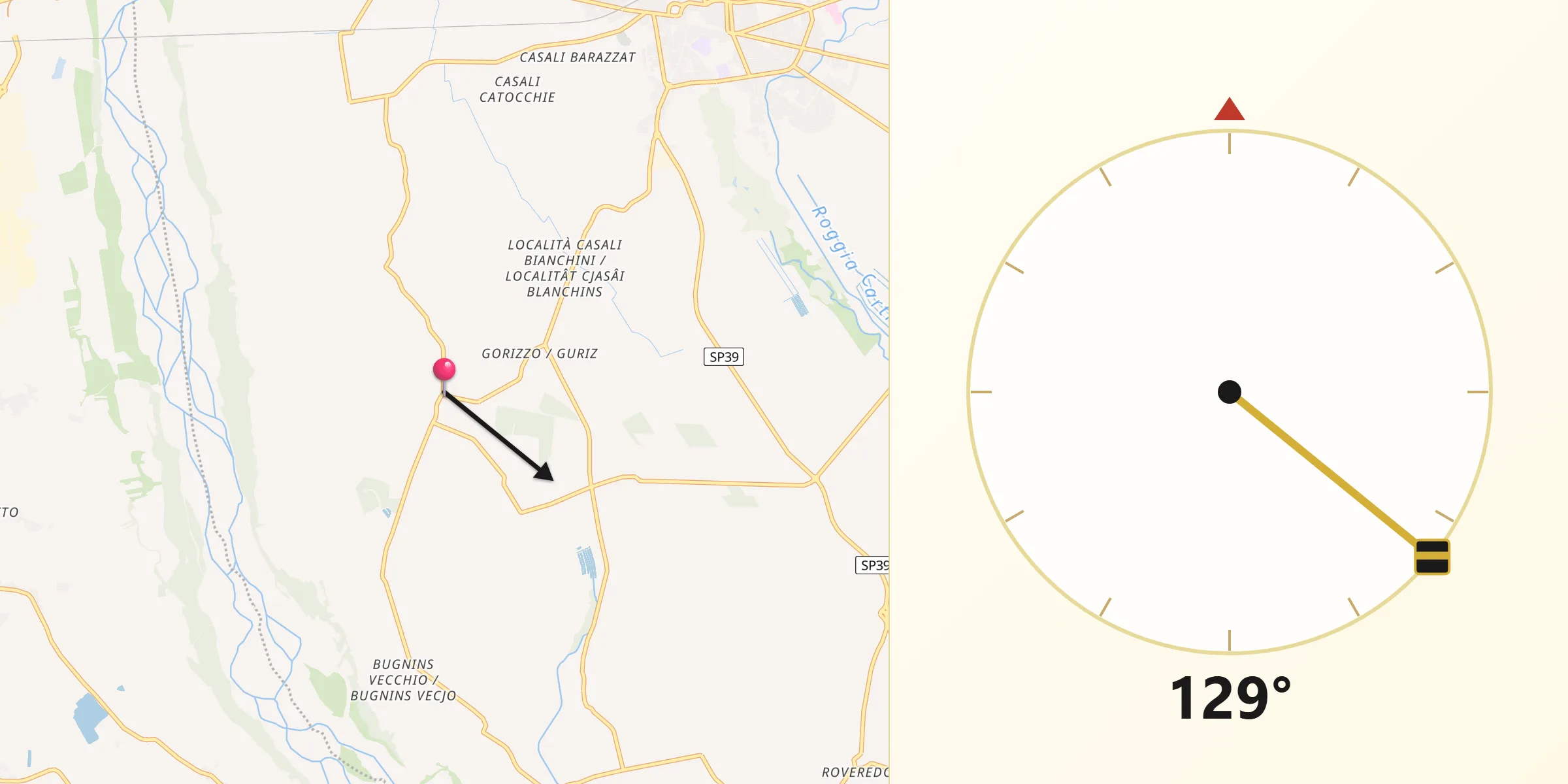 Direzione della Qibla da Camino al Tagliamento
