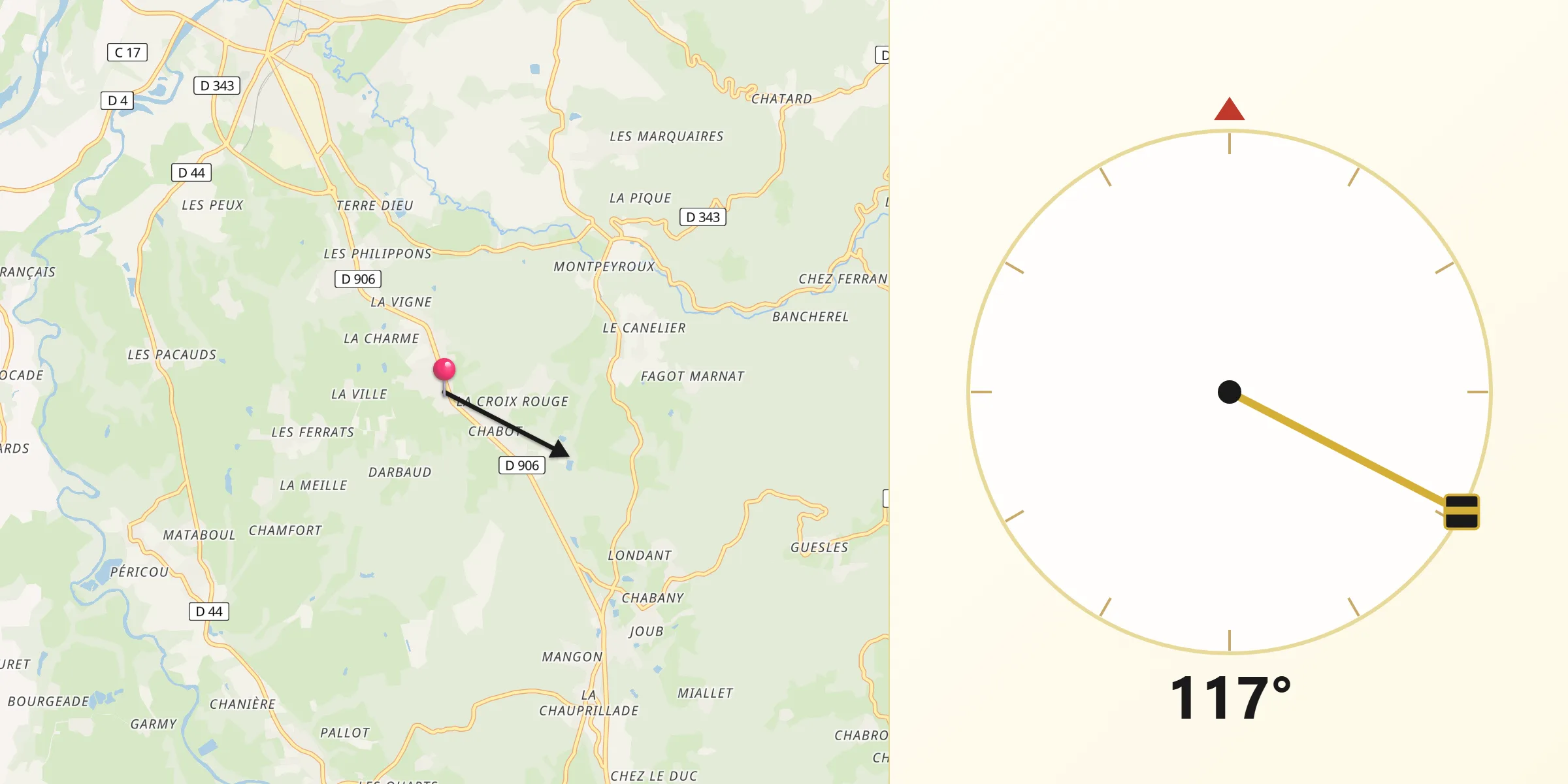 Direction vers la Qibla depuis Paslières