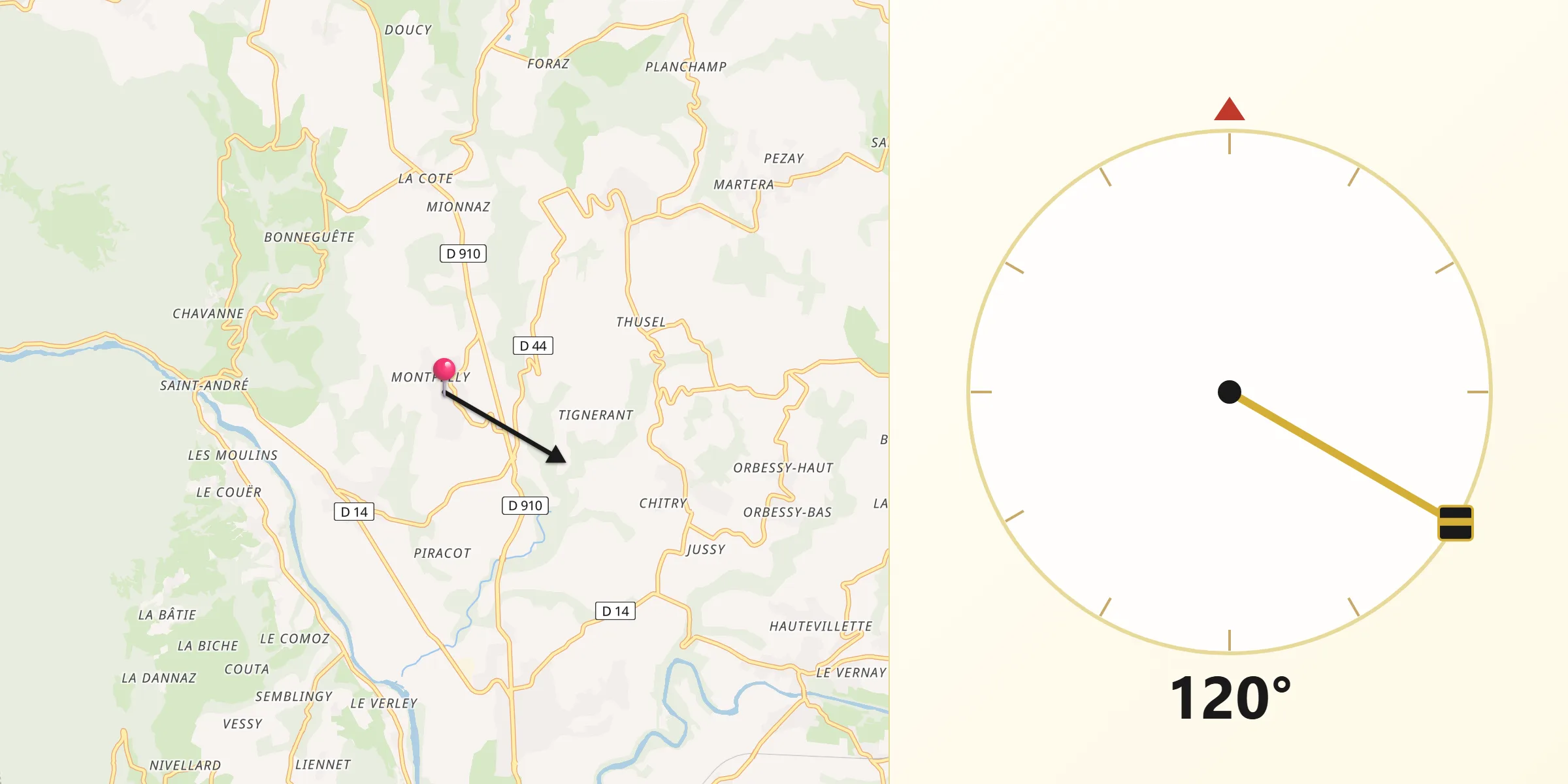 Direction vers la Qibla depuis Versonnex