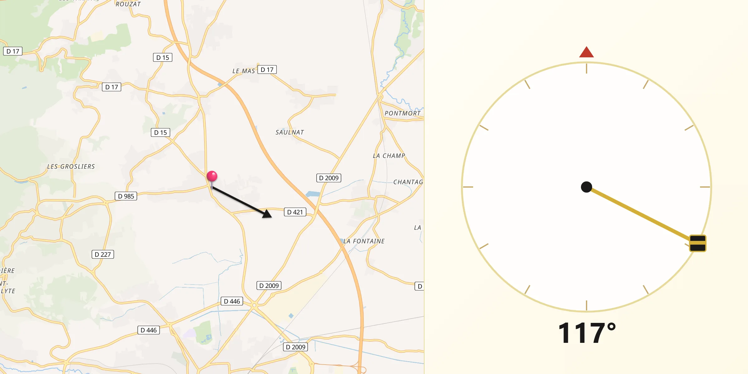 Direction vers la Qibla depuis Saint-Bonnet-près-Riom