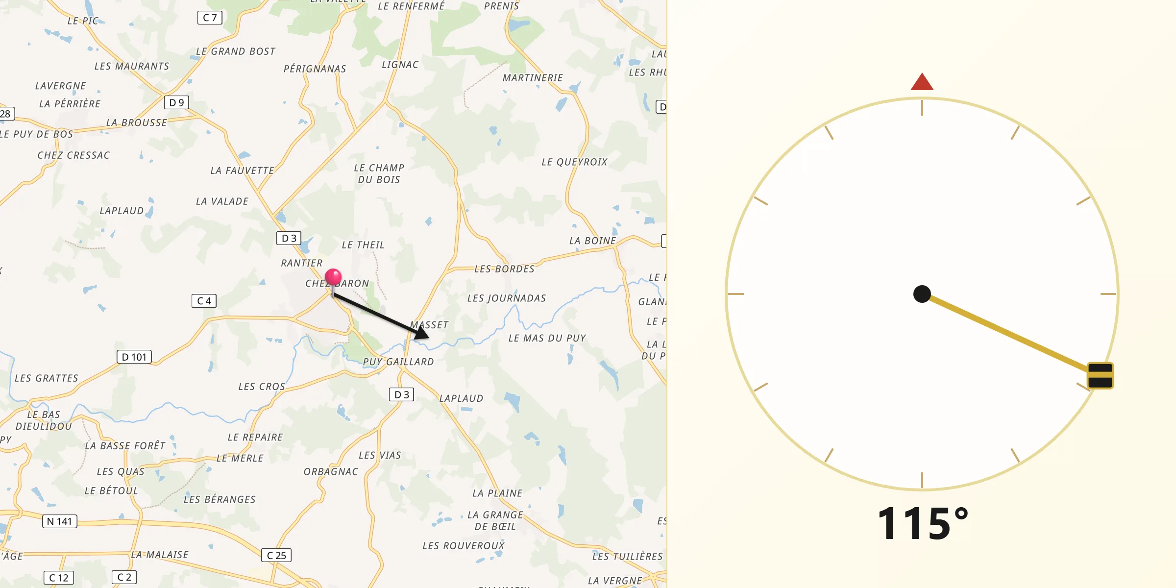 Direction vers la Qibla depuis Oradour-sur-Glane