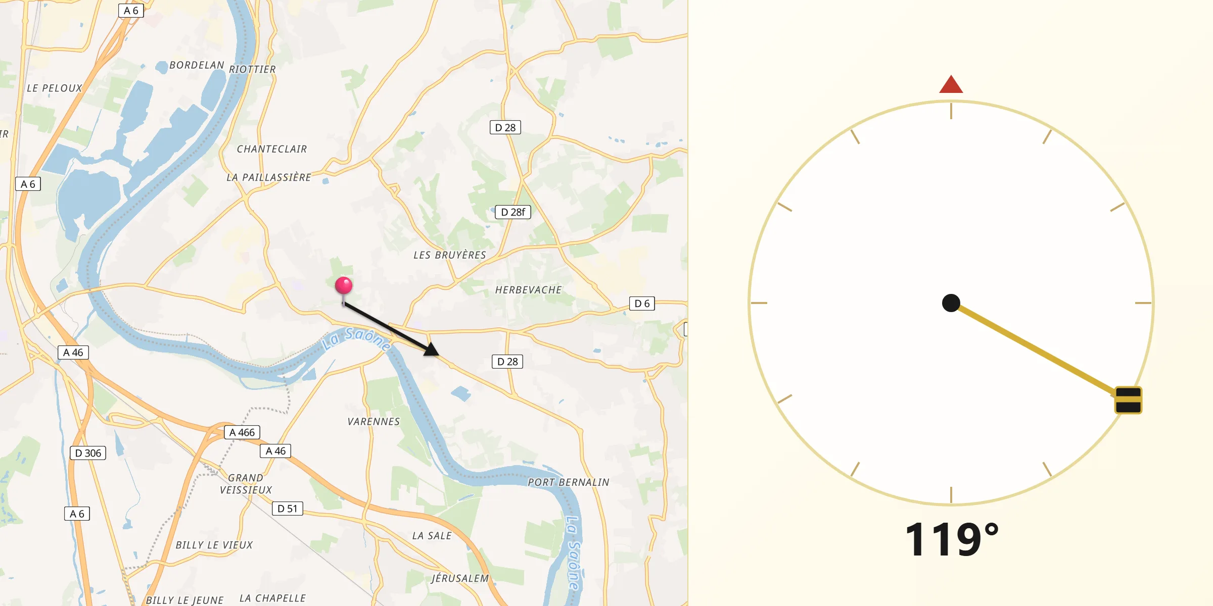 Direction vers la Qibla depuis Trévoux