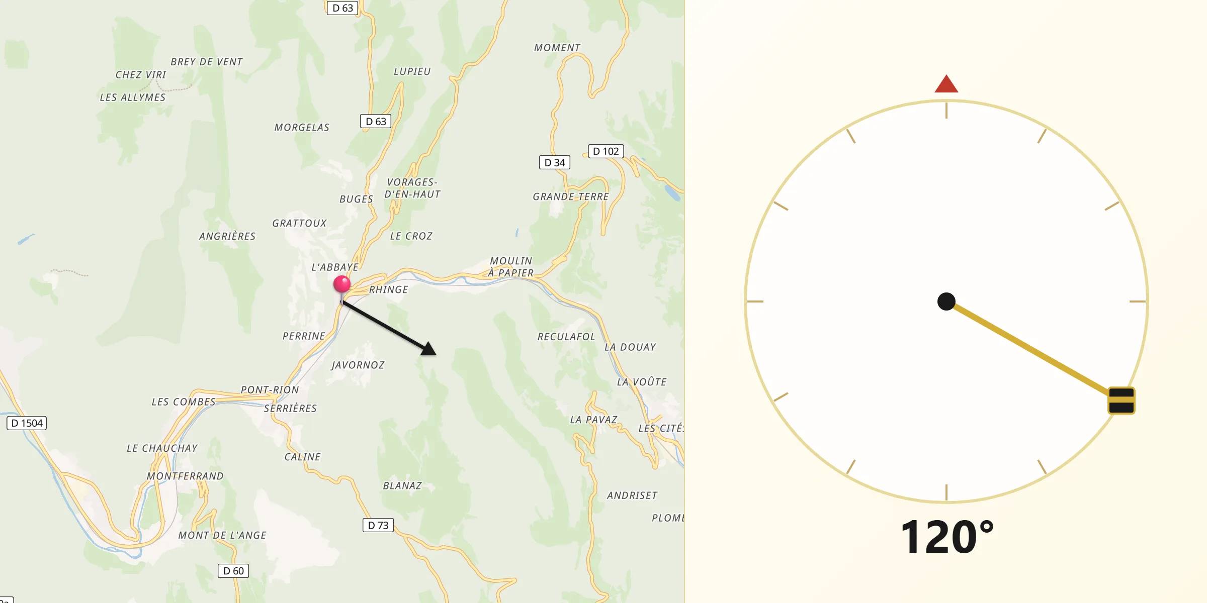 Direction vers la Qibla depuis Saint-Rambert-en-Bugey