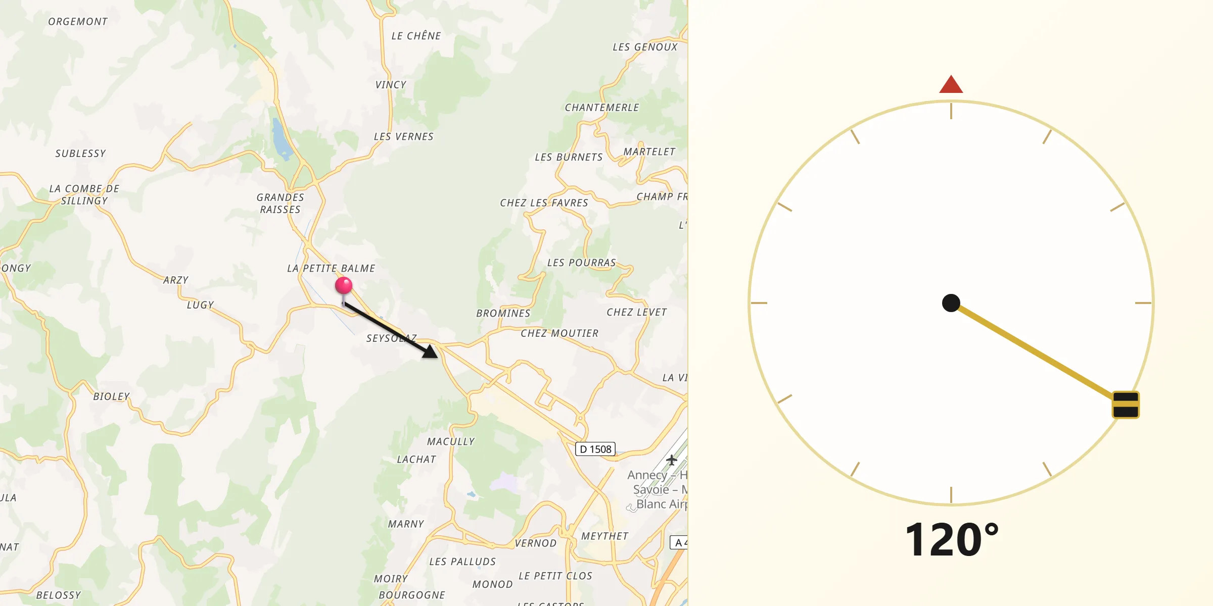 Direction vers la Qibla depuis Sillingy