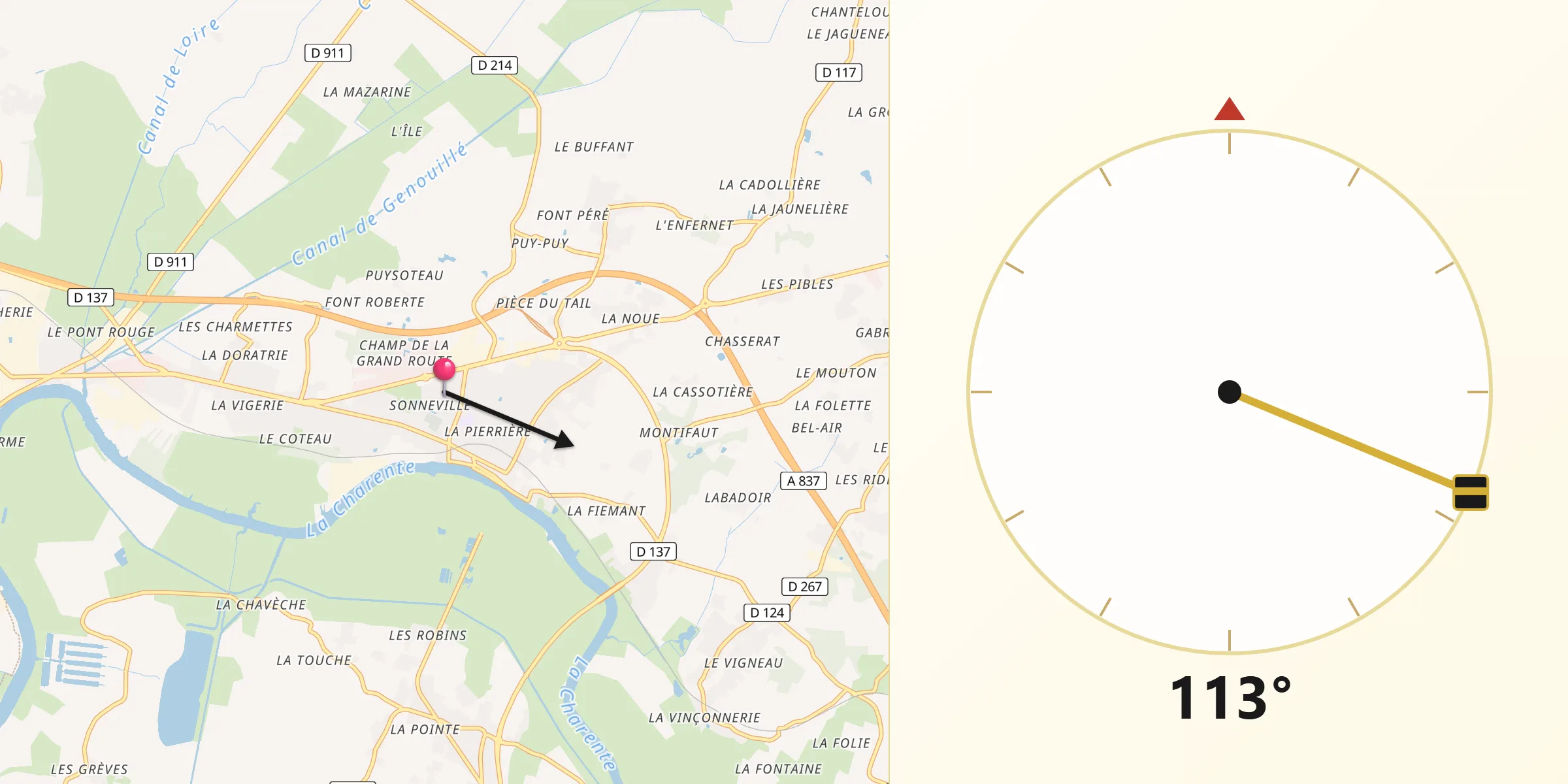 Direction vers la Qibla depuis Tonnay-Charente