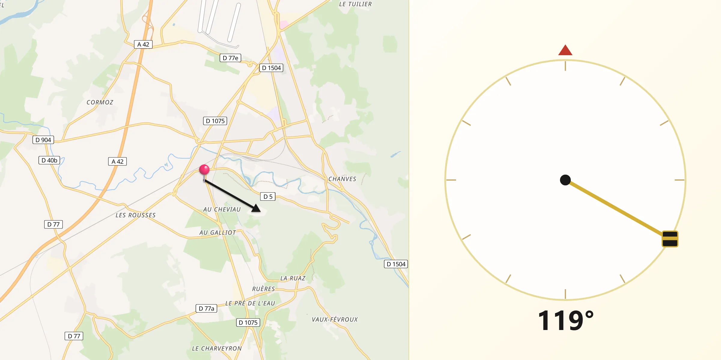 Direction vers la Qibla depuis Saint-Denis-en-Bugey