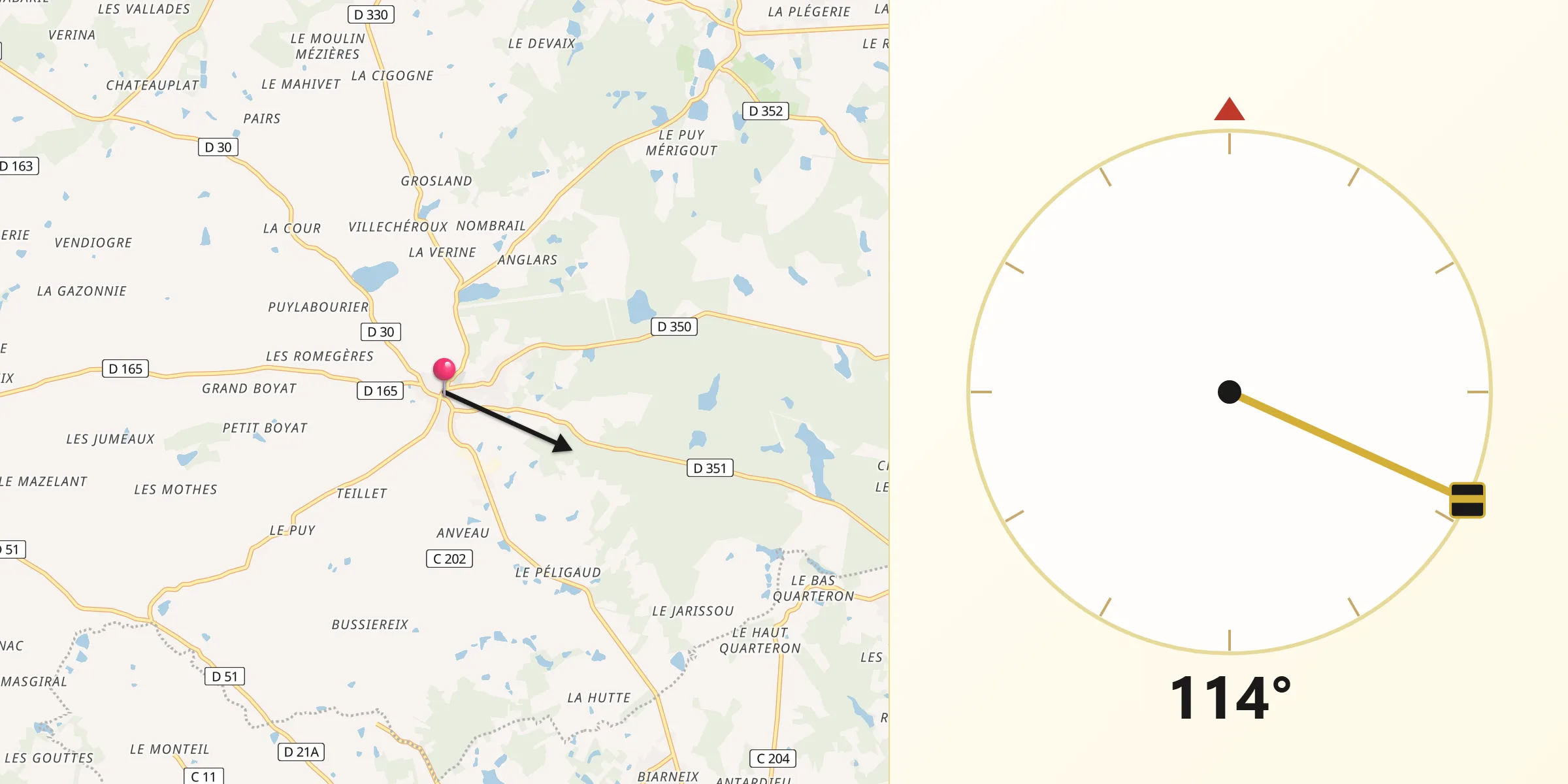Direction vers la Qibla depuis Brigueuil
