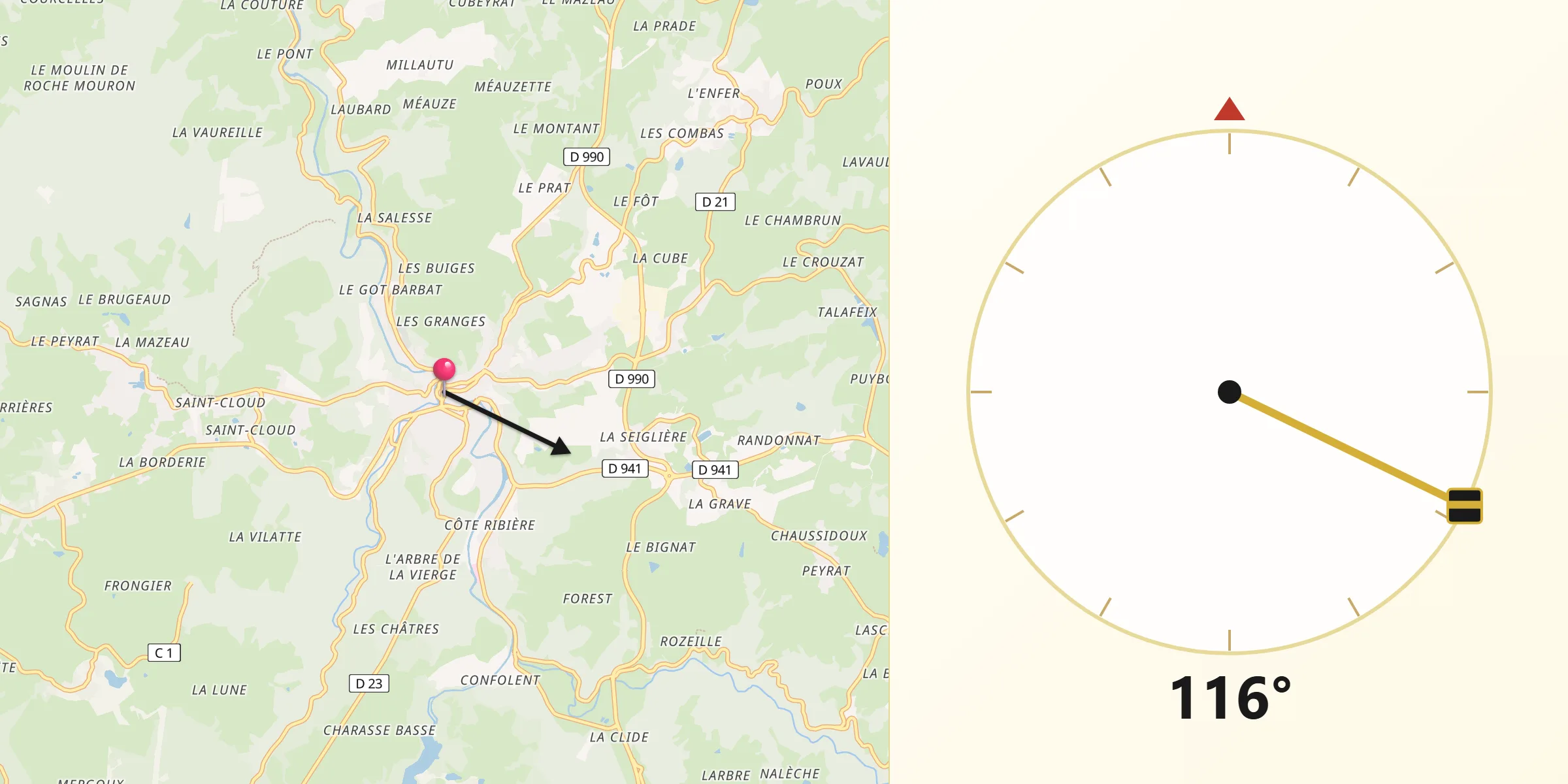Direction vers la Qibla depuis Aubusson