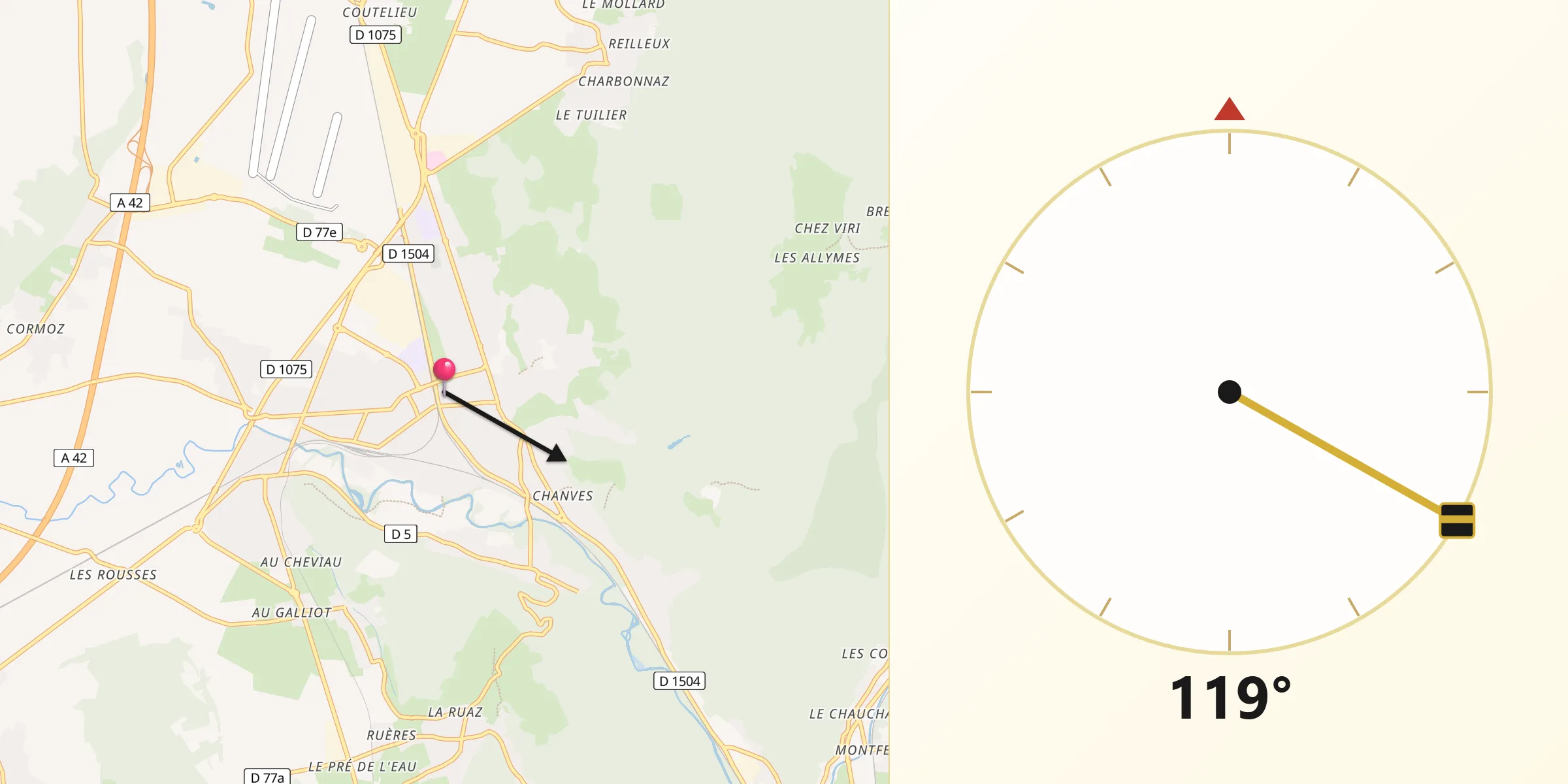 Direction vers la Qibla depuis Ambérieu-en-Bugey