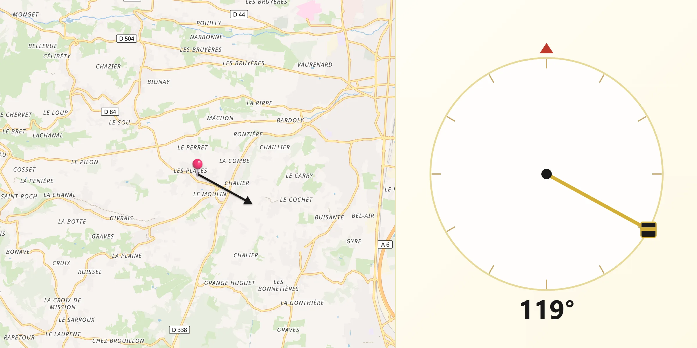 Direction vers la Qibla depuis Liergues