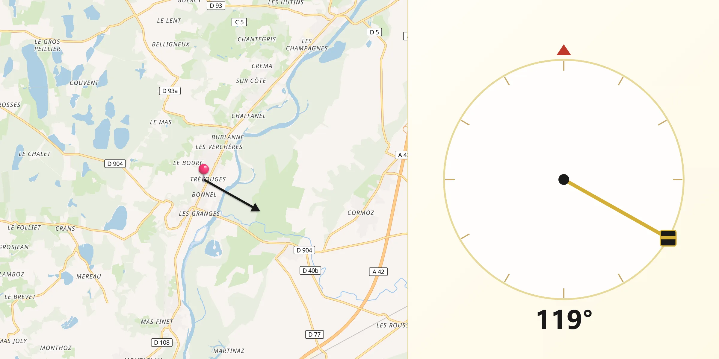 Direction vers la Qibla depuis Châtillon-la-Palud